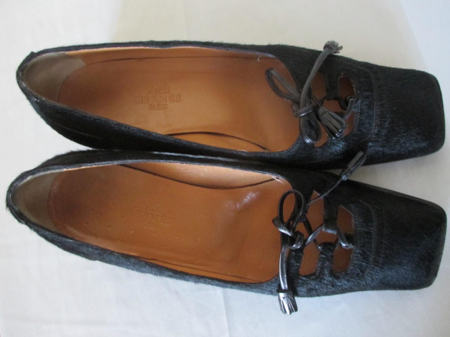 HERMES Paris Black Pony Skin Leather shoes For Sale 2