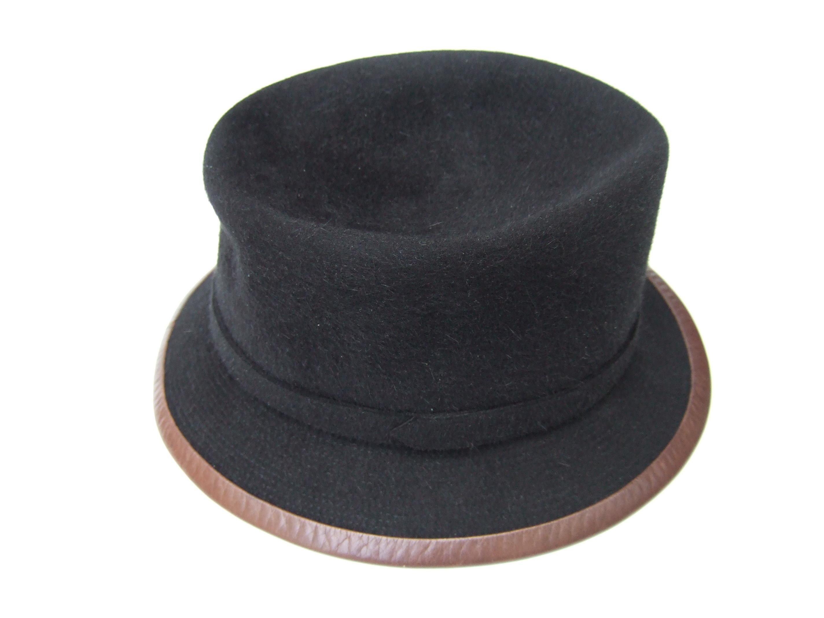 Hermes Paris Black Wool Leather Trim Hat Labeled Motsch Chapeaux Pour Hermes  For Sale 5