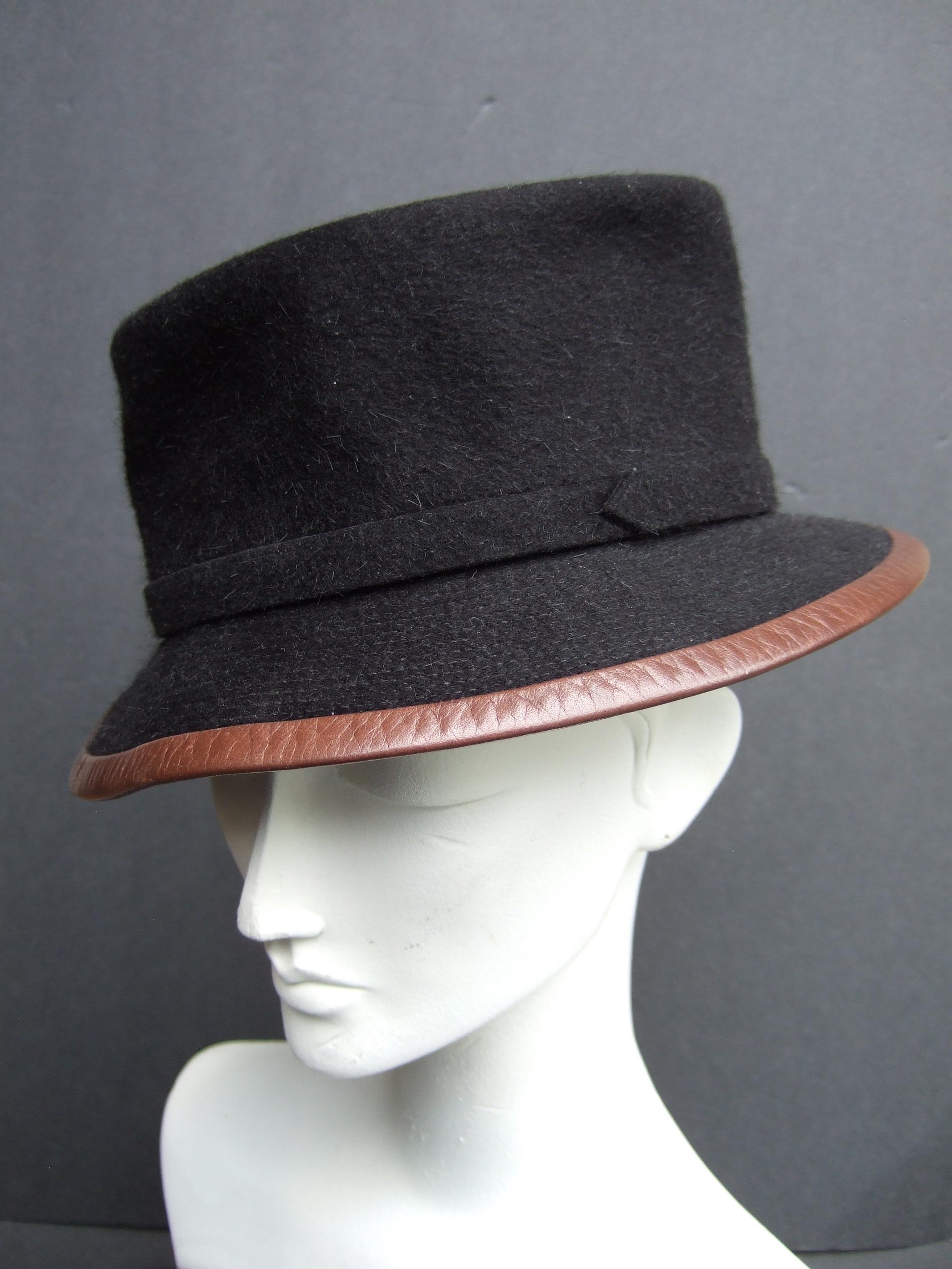 Hermes Paris Black Wool Leather Trim Hat Labeled Motsch Chapeaux Pour Hermes  For Sale 8