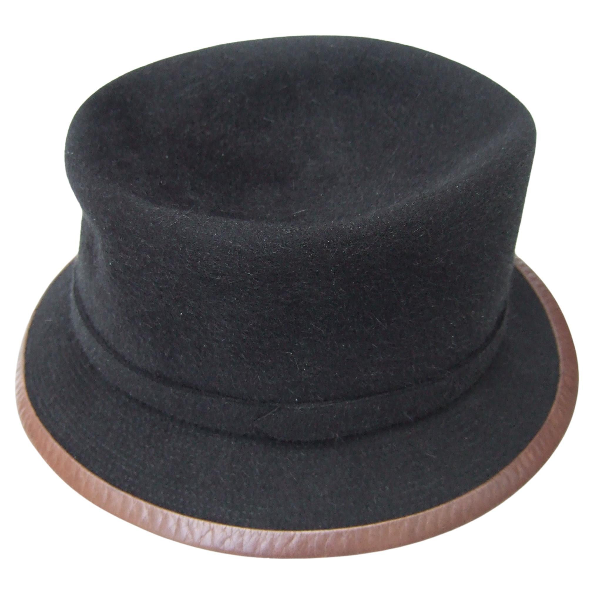 Hermes Paris Black Wool Leather Trim Hat Labeled Motsch Chapeaux Pour Hermes 