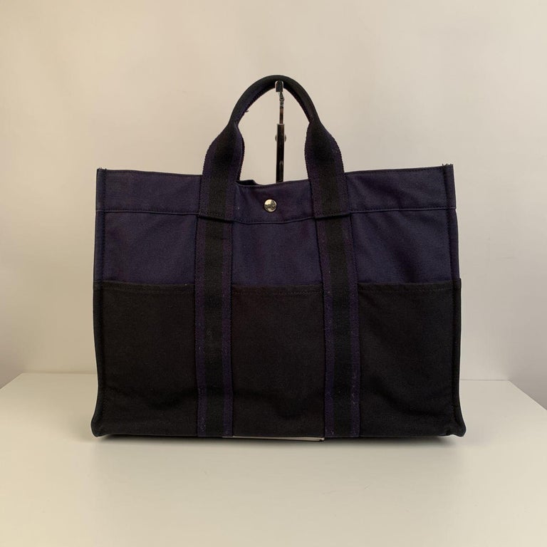 Hermes Paris Blue and Black Cotton Fourre Tout MM Tote Bag For Sale at ...