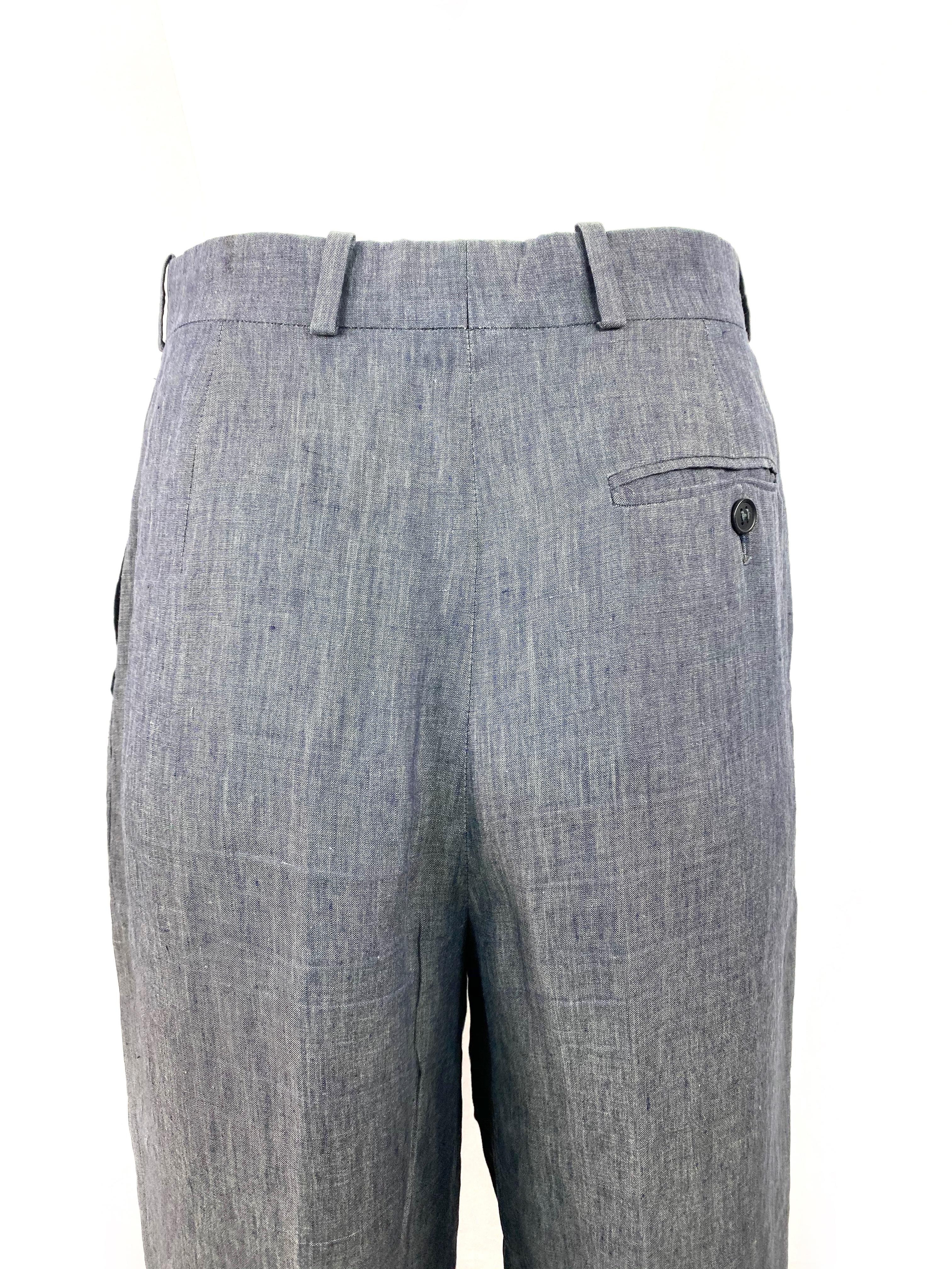 Gray HERMES Paris Blue Linen Straight Trousers Pants Size 38 For Sale