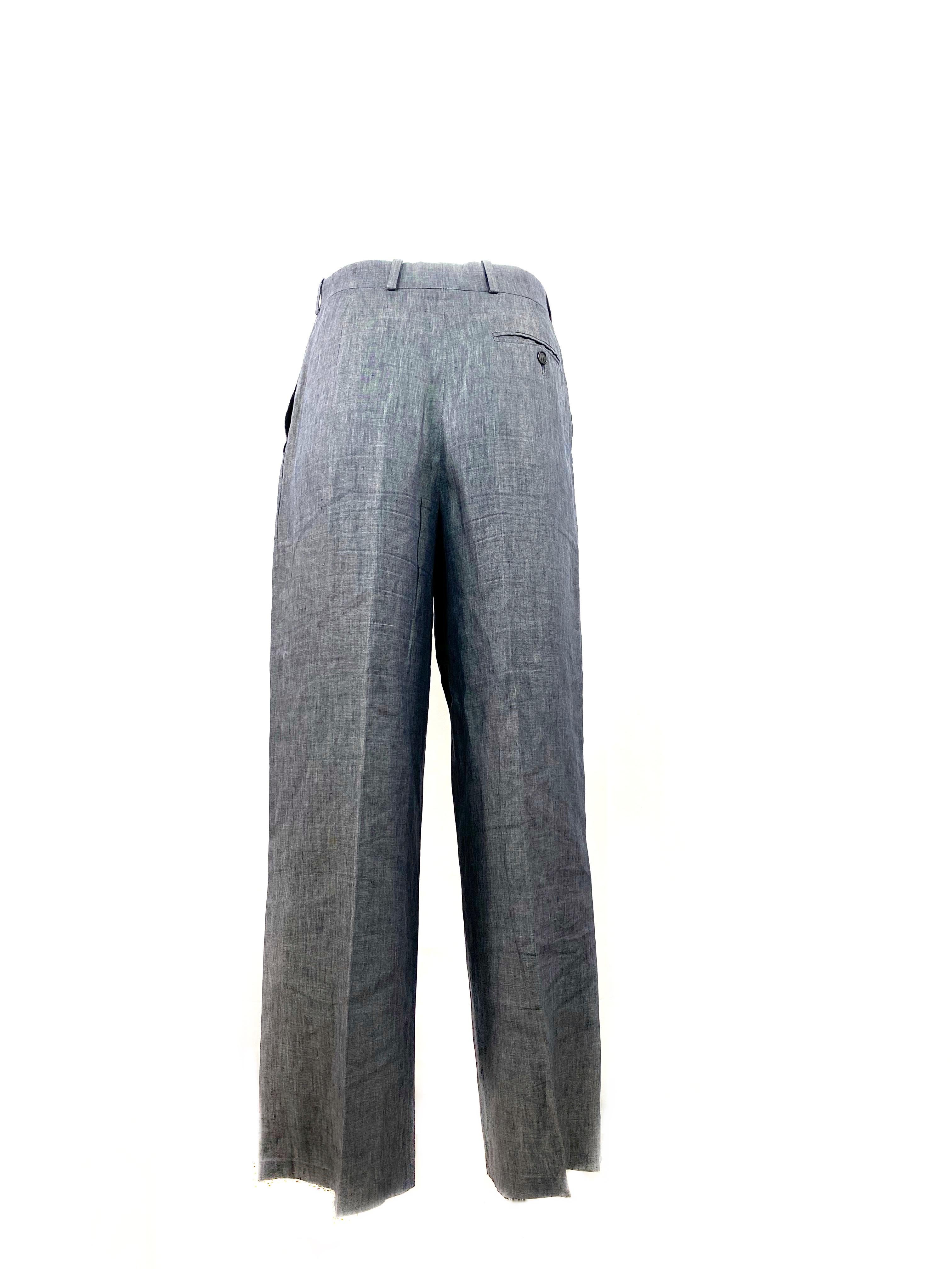 Women's or Men's HERMES Paris Blue Linen Straight Trousers Pants Size 38 For Sale