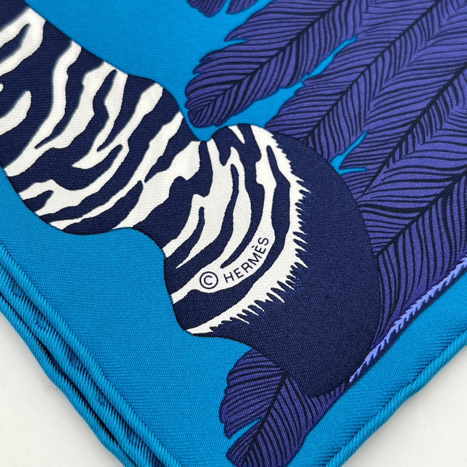 Women's Hermes Paris Blue Pocket Square Neck Scarf Zebra Pegasus