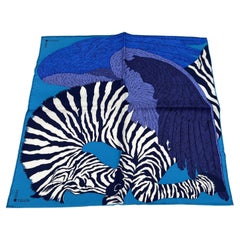 Hermes Paris Blue Pocket Square Neck Scarf Zebra Pegasus
