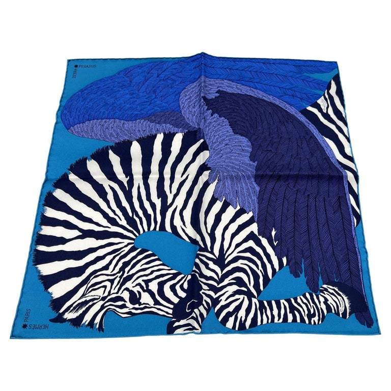 Hermes Paris Blue Pocket Square Neck Scarf Zebra Pegasus at 1stDibs