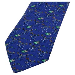 Hermes Paris Blue Silk Monkey and Crocodile Print Neck Tie 7682 TA