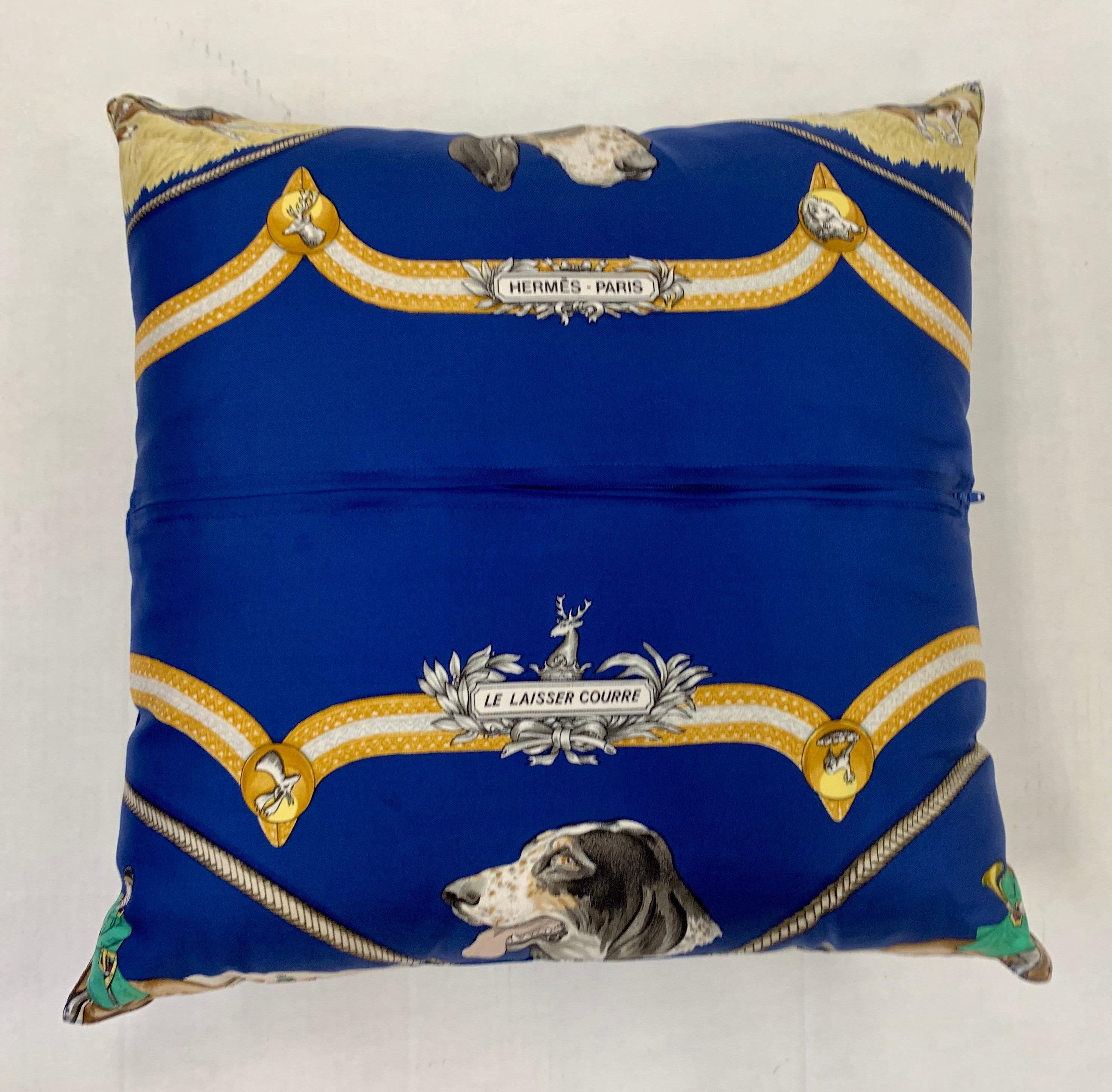 Hermès Paris Blue Silk Scarf Fox Hunt Pillow In Good Condition In West Hartford, CT