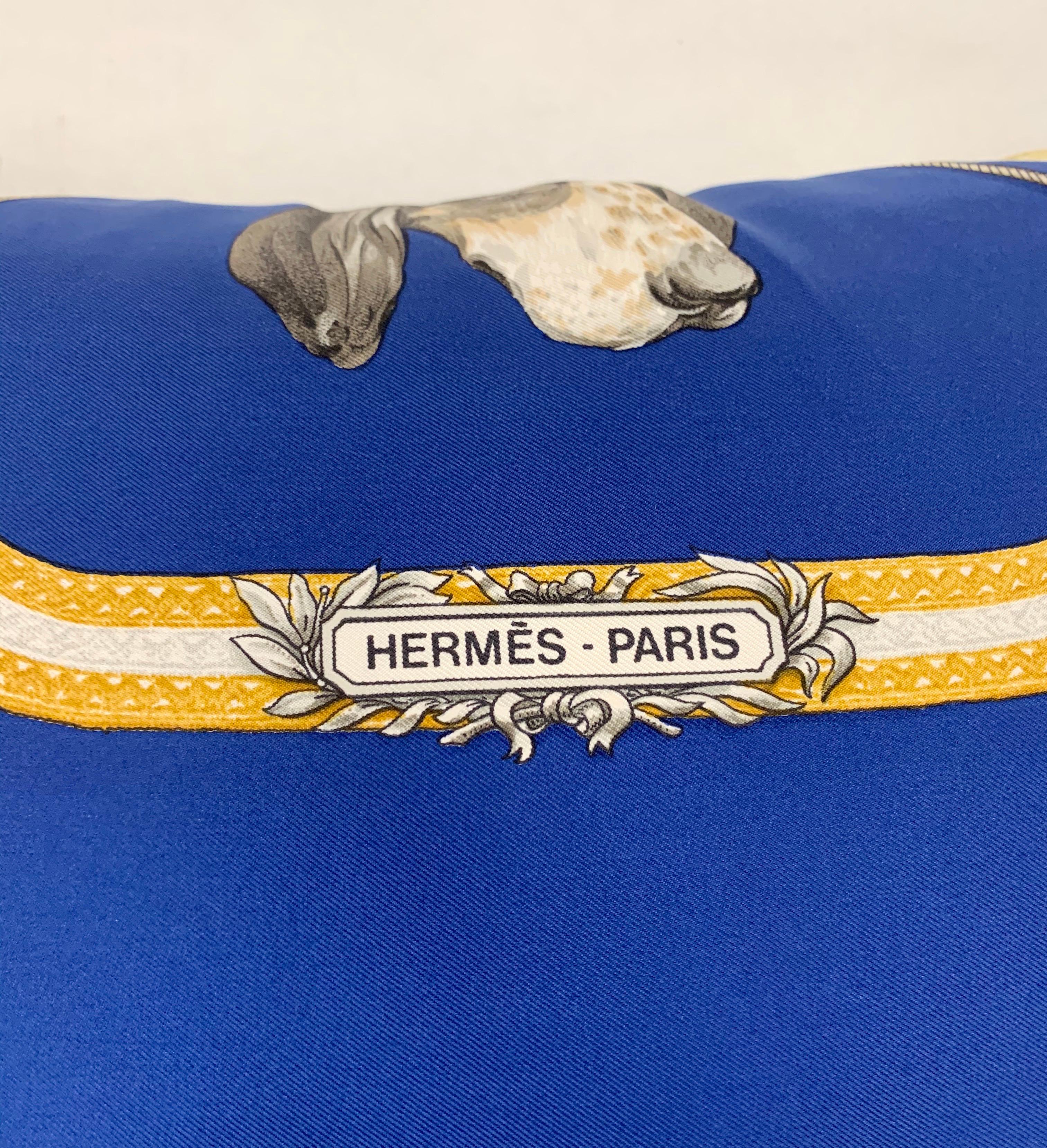 Late 20th Century Hermès Paris Blue Silk Scarf Fox Hunt Pillow