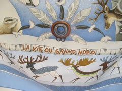 Hermes Paris Blue Silk Scarf " La Vie du Grand Nord "by Aline Honore