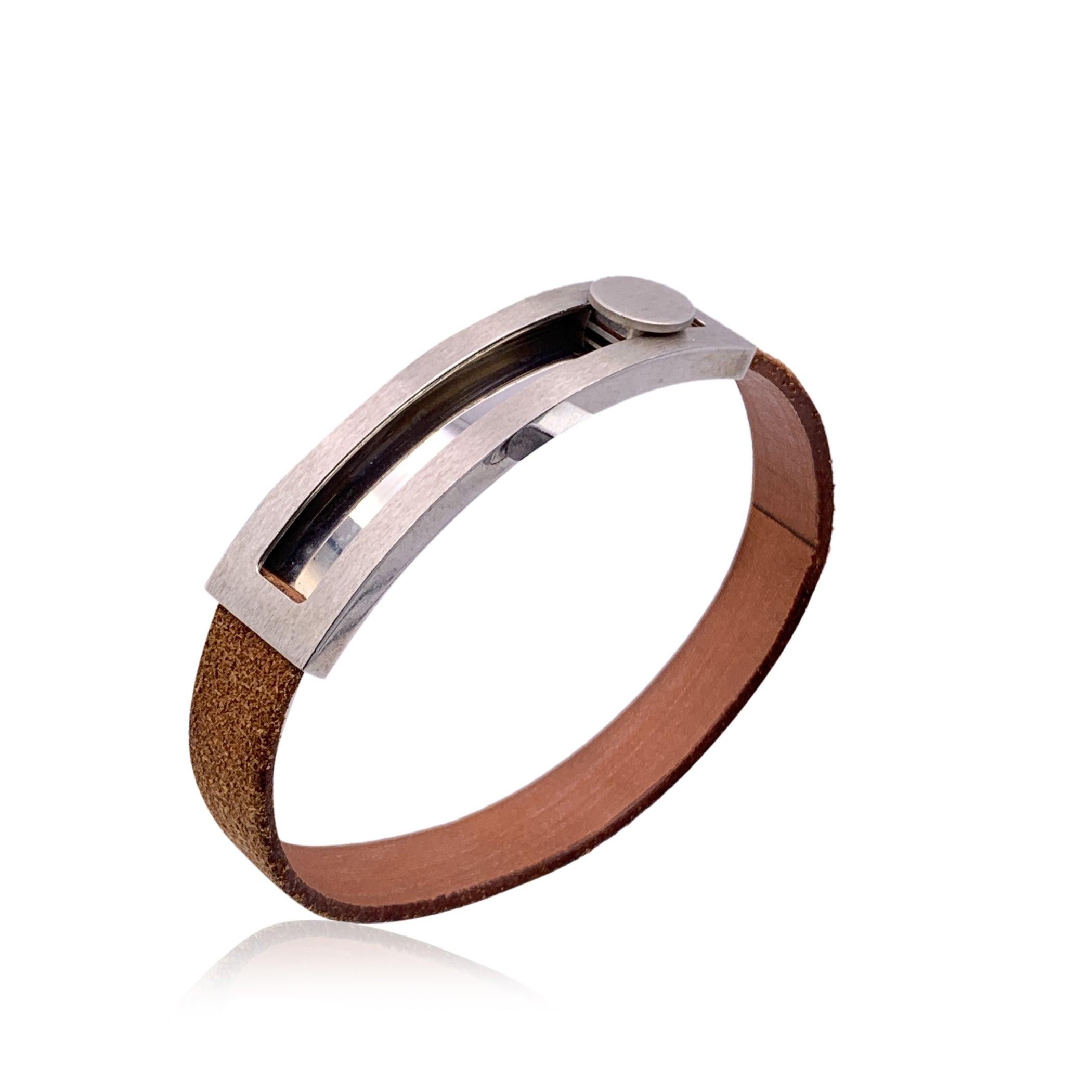 Hermes Paris Brown Leather Pousse Pousse Bracelet Silver Metal In Good Condition For Sale In Rome, Rome