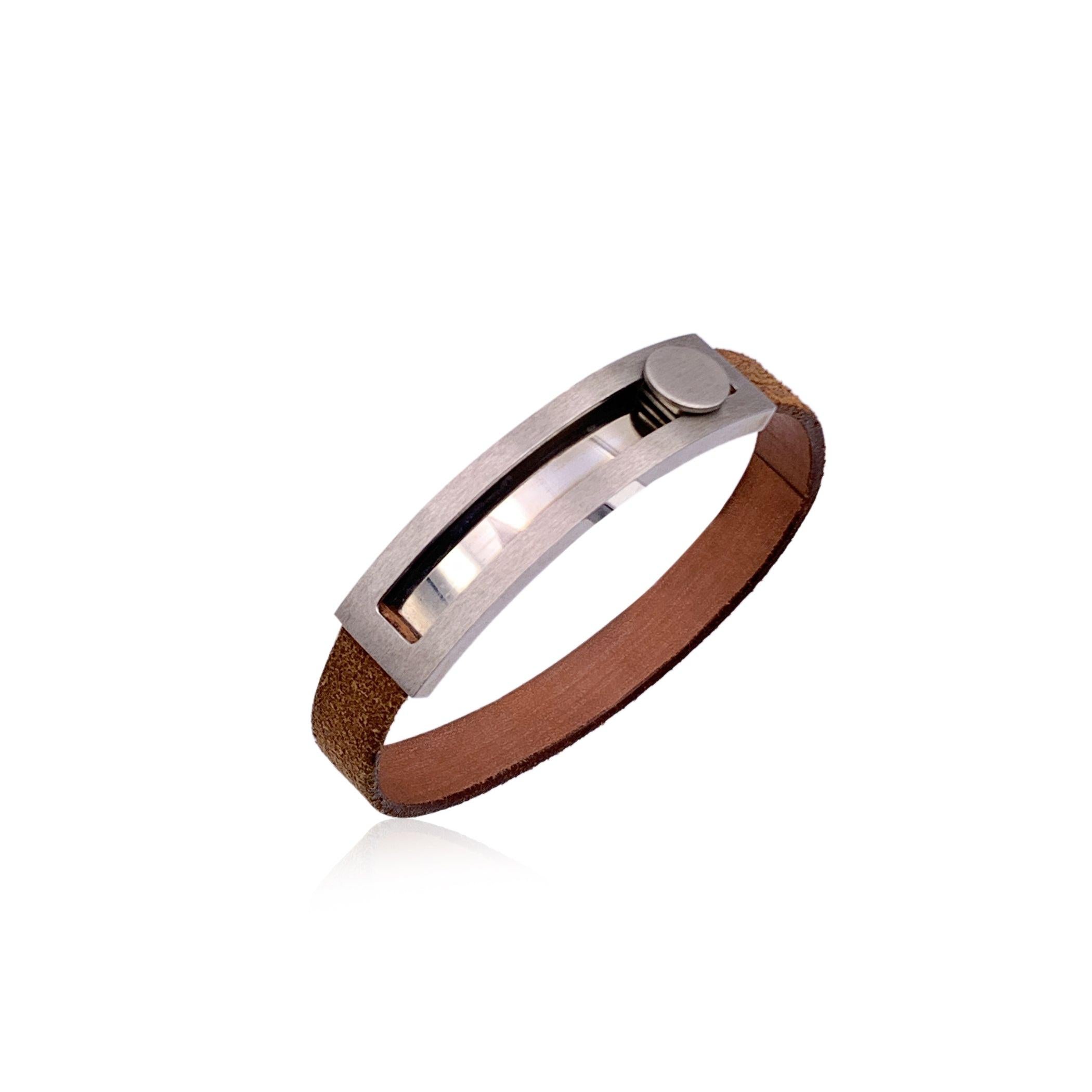 Women's Hermes Paris Brown Leather Pousse Pousse Bracelet Silver Metal For Sale