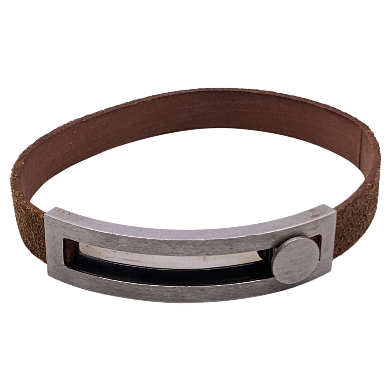 Hermes Paris Brown Leather Pousse Pousse Bracelet Silver Metal