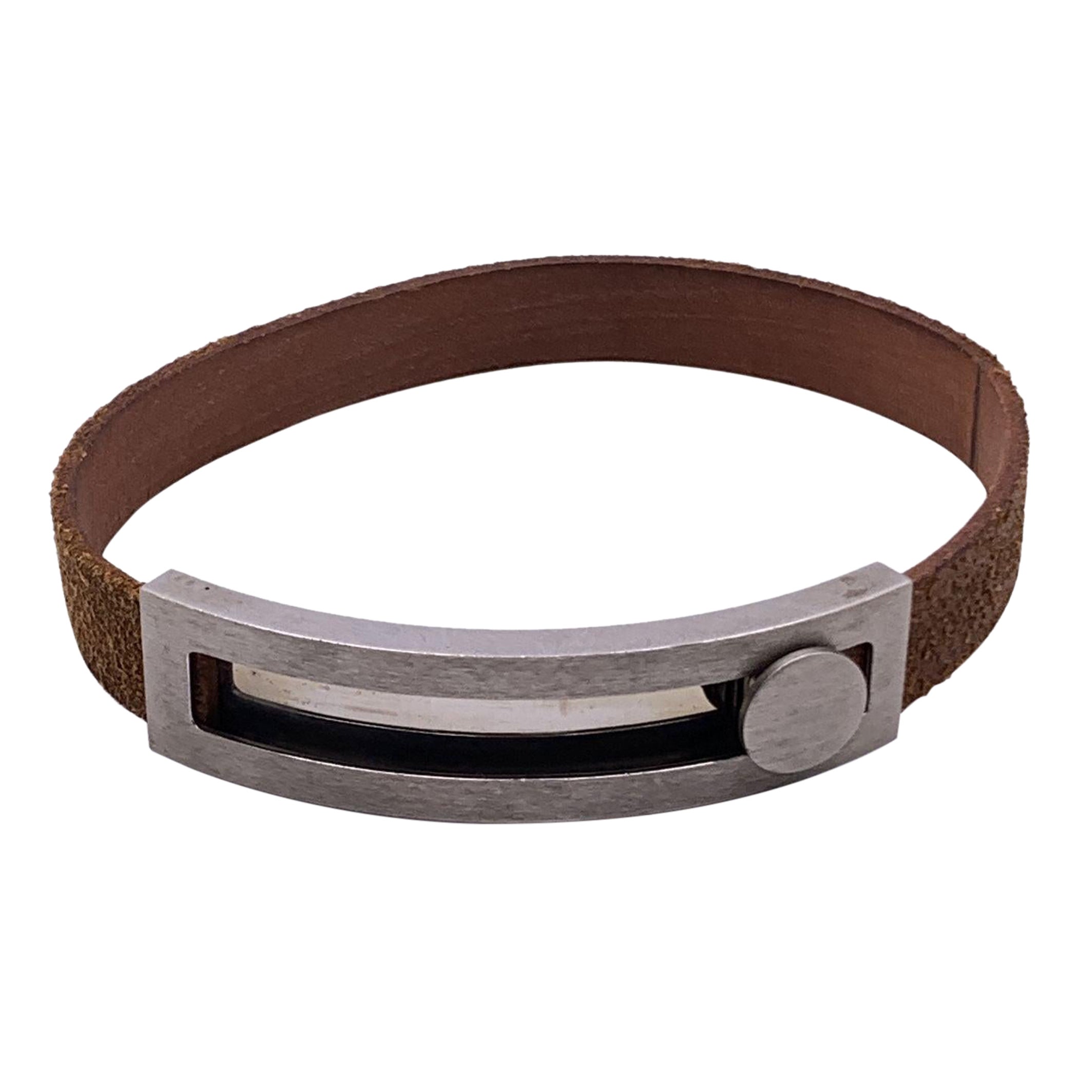 Hermes Paris Bracciale Pousse Pousse in Pelle Marrone Metallo Argento