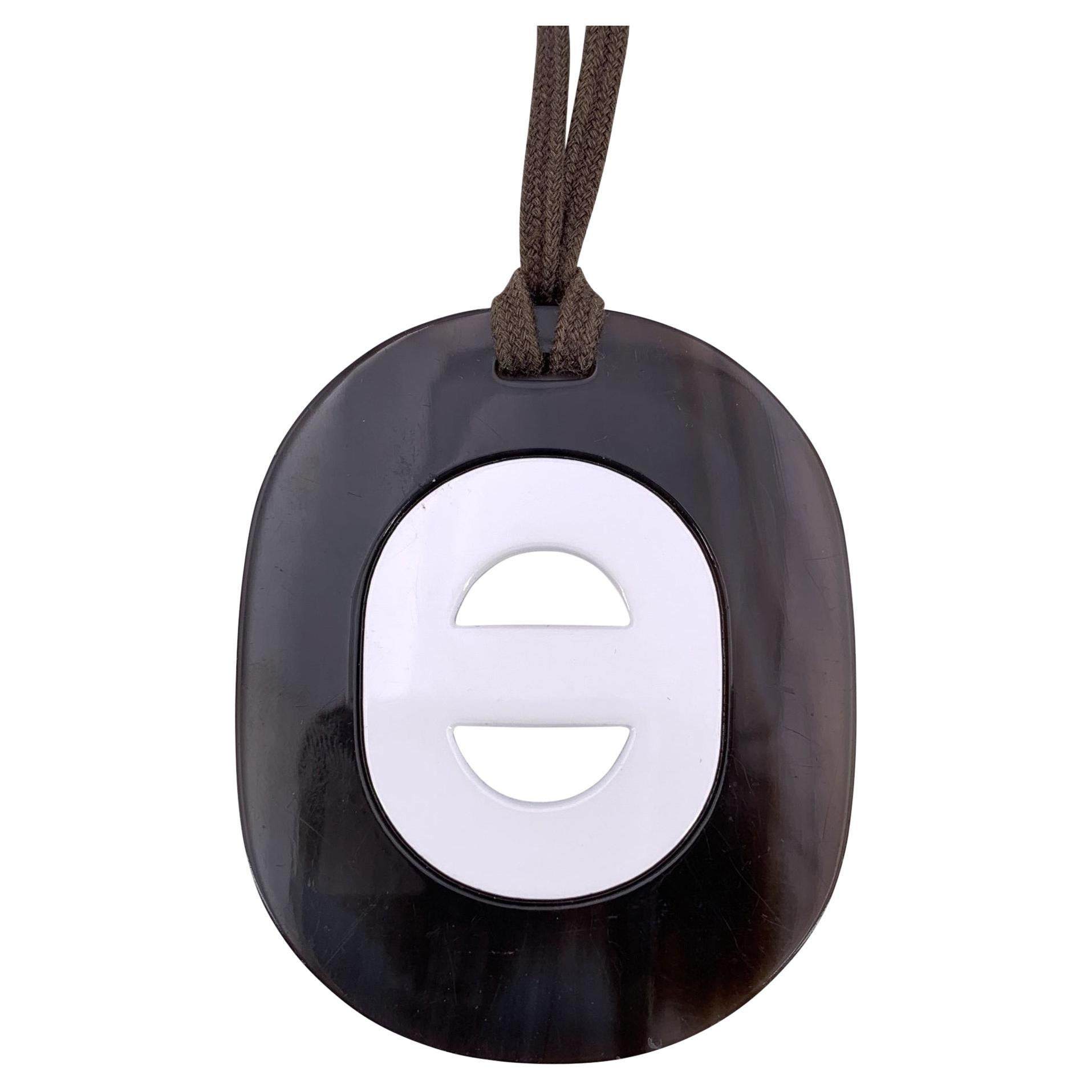 Hermes Paris Brown White Lacquered Wood Fidelio Necklace Oval Pendant For Sale