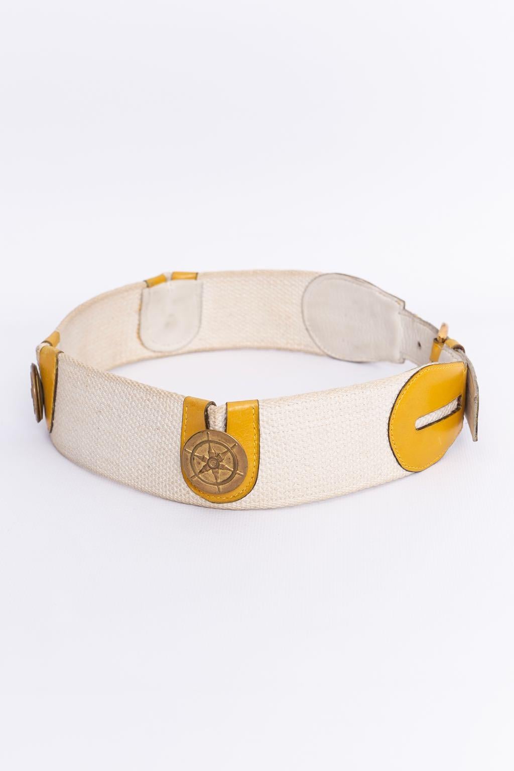 Women's or Men's Hermes Paris Canvas Belt in Yellow Leather, Adorned with Gilted Metal Elements For Sale