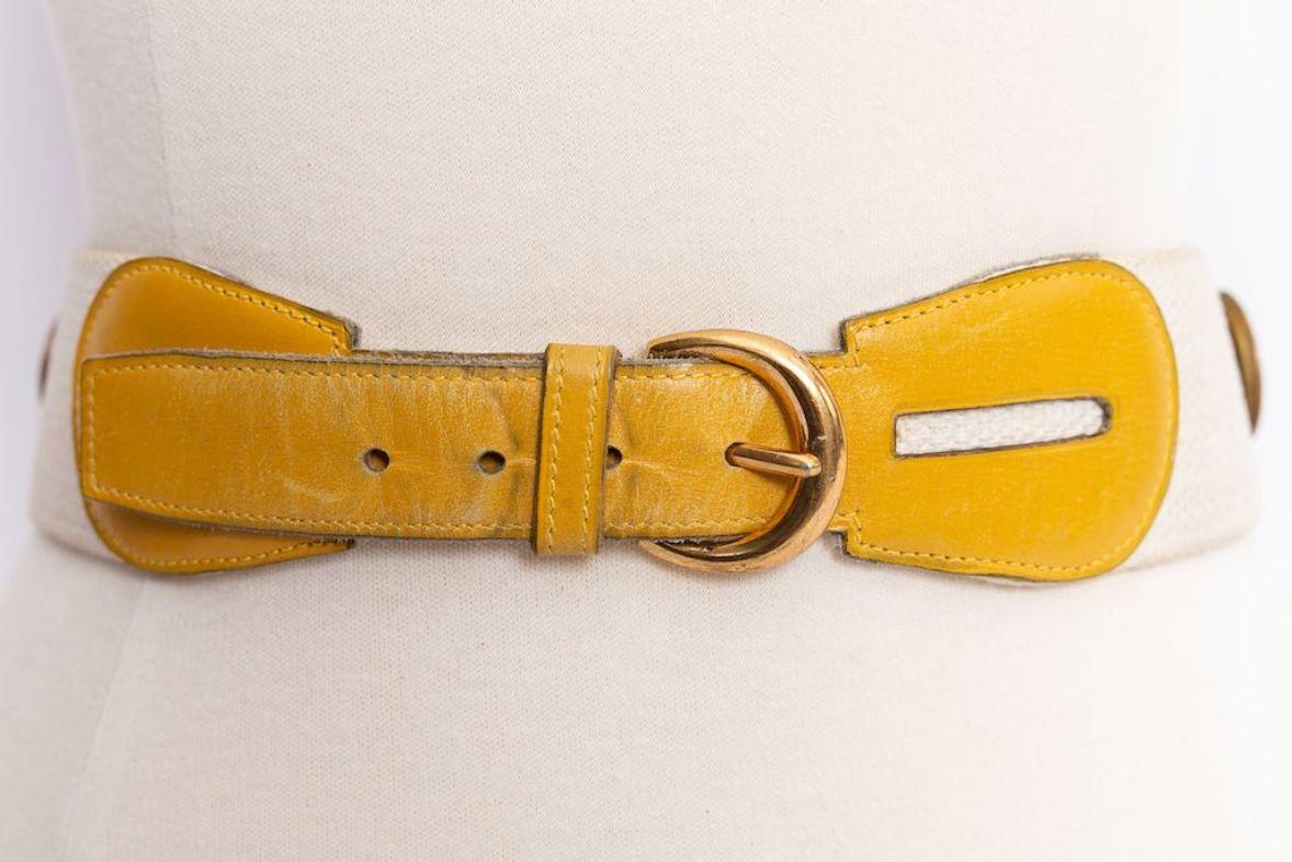 Hermes Paris Canvas Belt in Yellow Leather, Adorned with Gilted Metal Elements For Sale 2