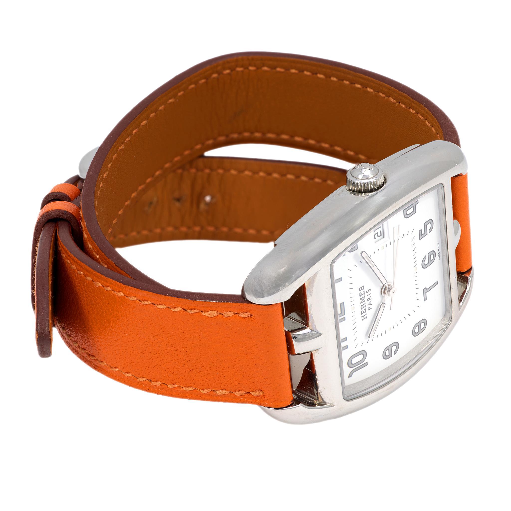 Modern Hermes Paris Cape Code Tonneau watch with leather strap For Sale