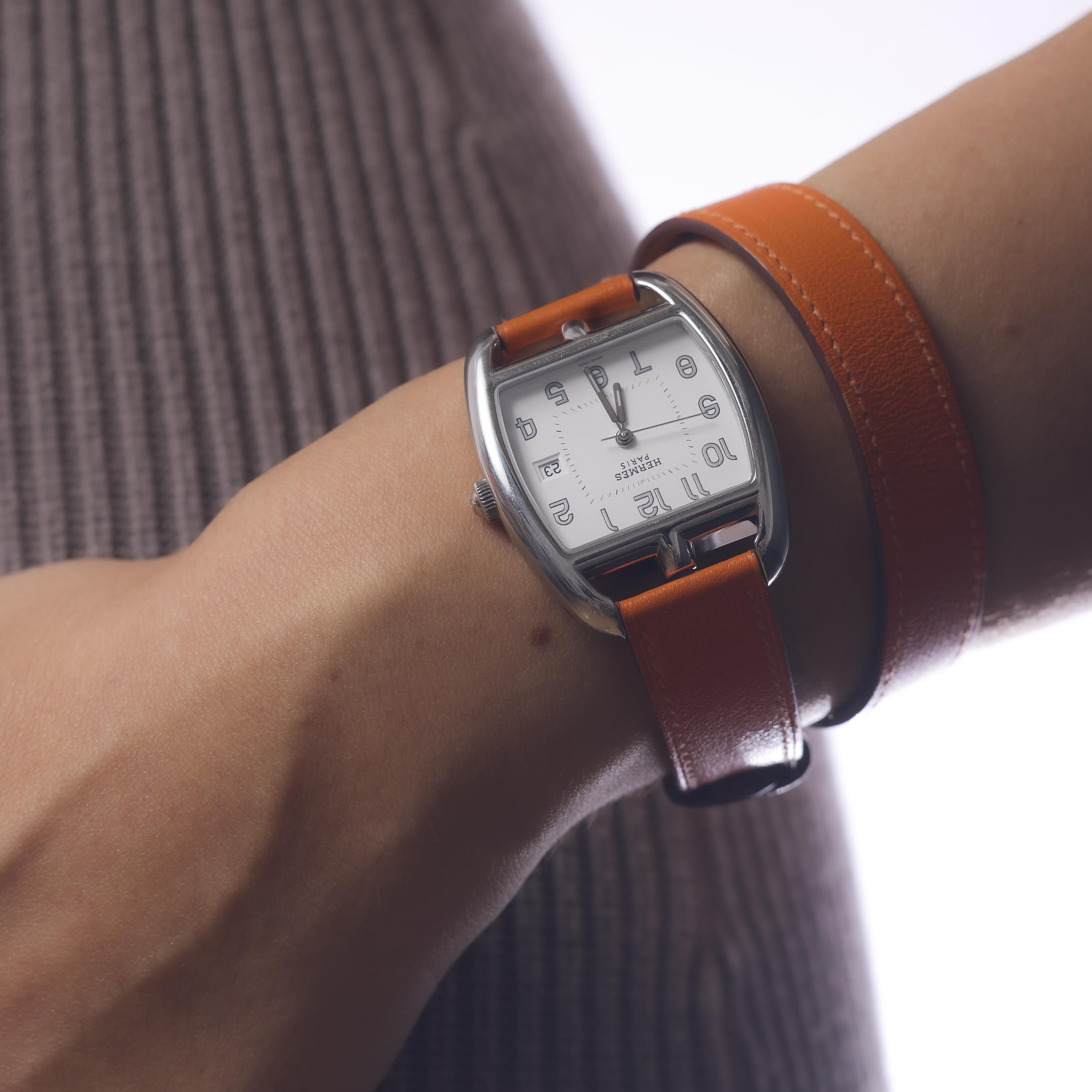 Hermes Paris Cape Code Tonneau watch with leather strap In Good Condition For Sale In Beverly Hills, CA