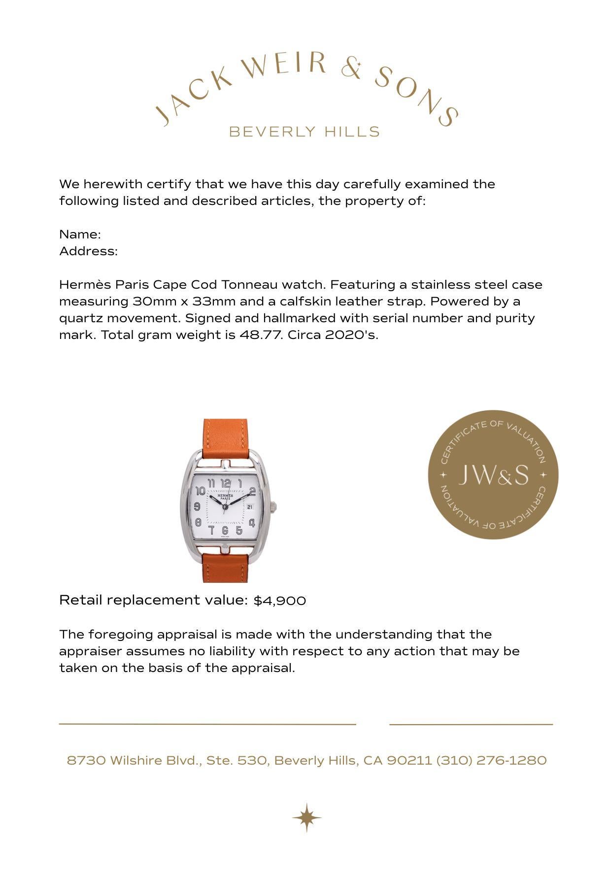 Hermes Paris Cape Code Tonneau watch with leather strap For Sale 1