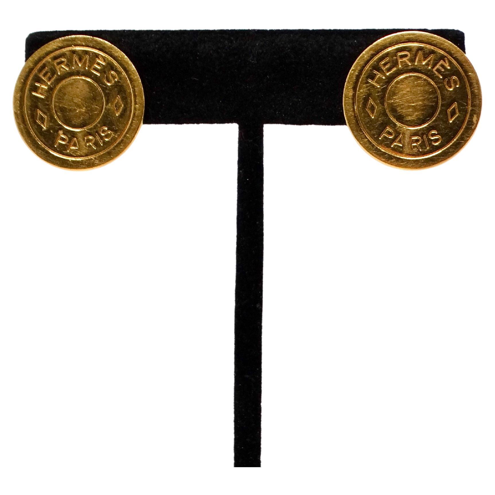 Hermes Paris "Clou de Selle" Gold-Tone Button Motif Clip-On Earrings For Sale