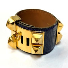 Hermes Paris Collier de Chien CDC Bracelet Blue Lizard Exotic Leather & Gold