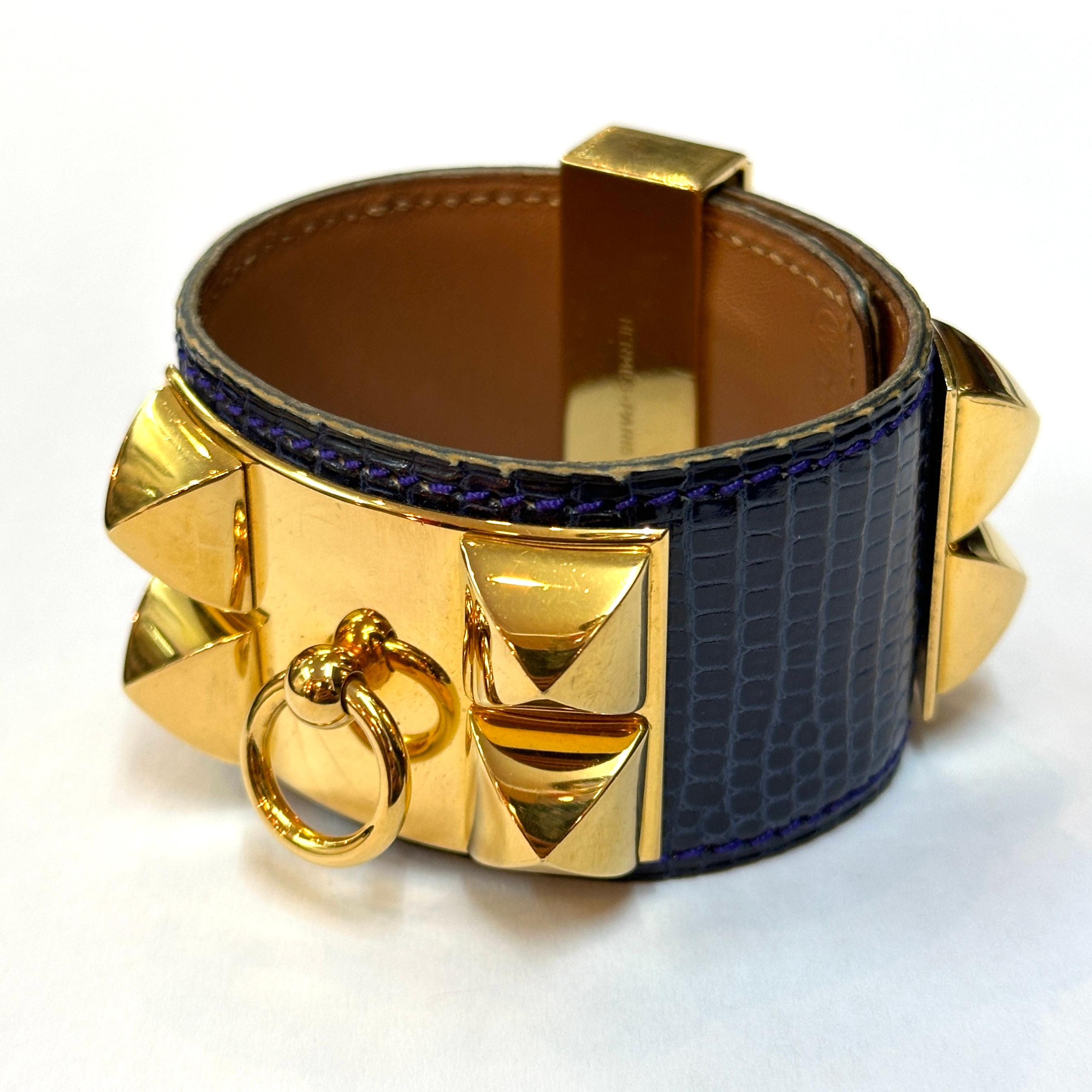 Hermes Paris Collier de Chien CDC Bracciale in pelle esotica di lucertola blu e oro In condizioni buone in vendita a Berlin, DE