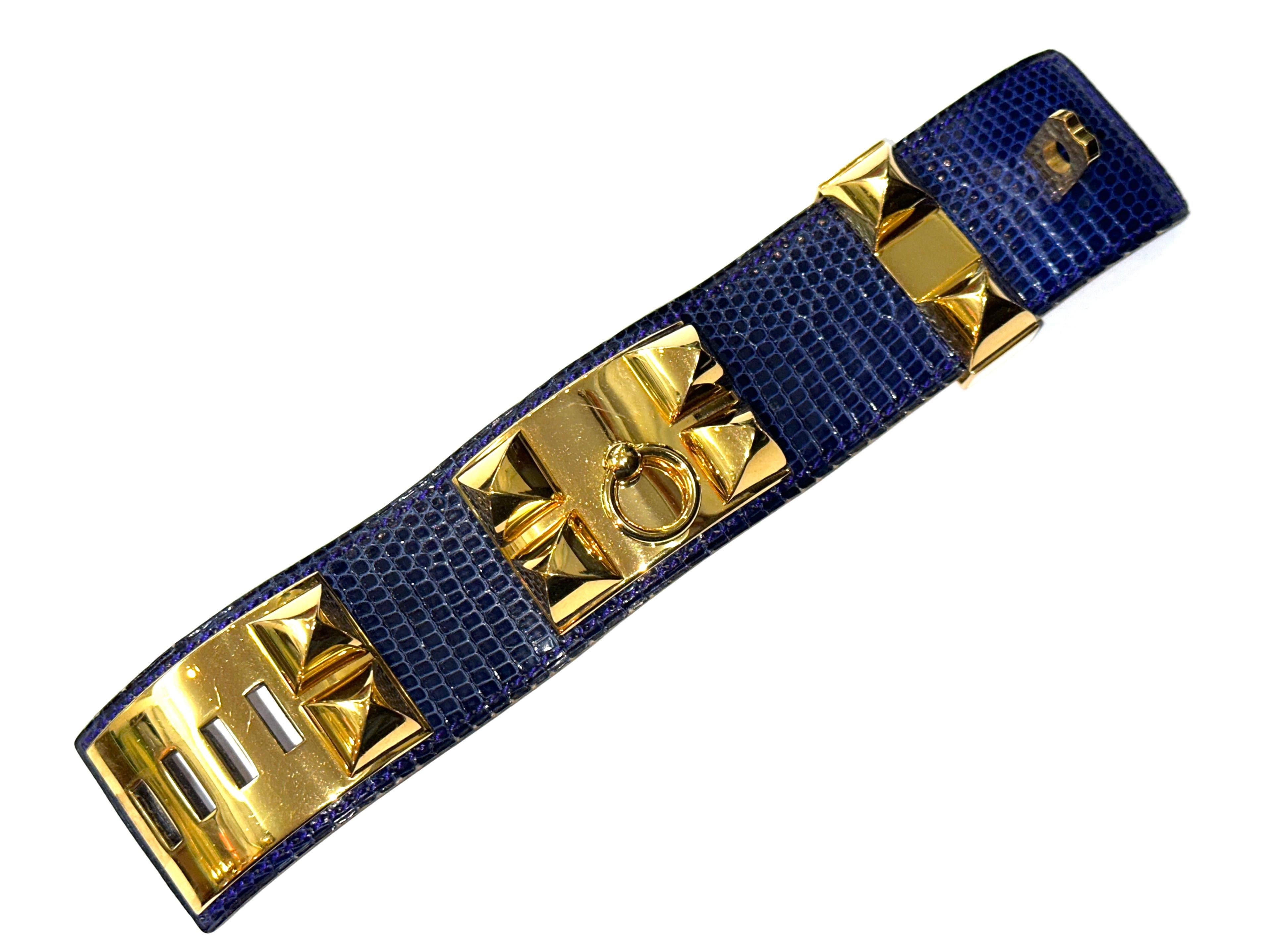 da uomo o donna Hermes Paris Collier de Chien CDC Bracciale in pelle esotica di lucertola blu e oro in vendita