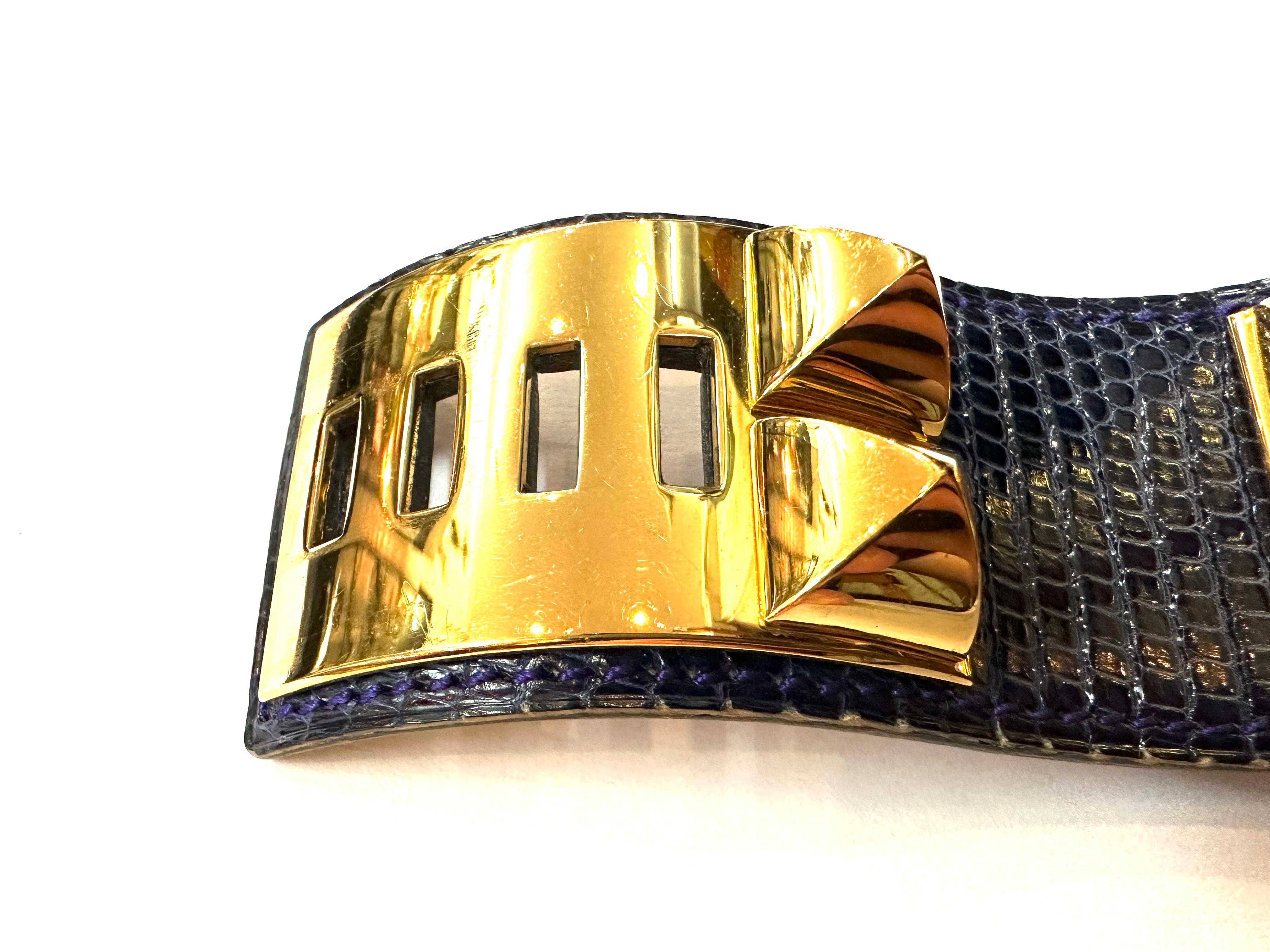 Hermes Paris Collier de Chien CDC Bracciale in pelle esotica di lucertola blu e oro in vendita 1