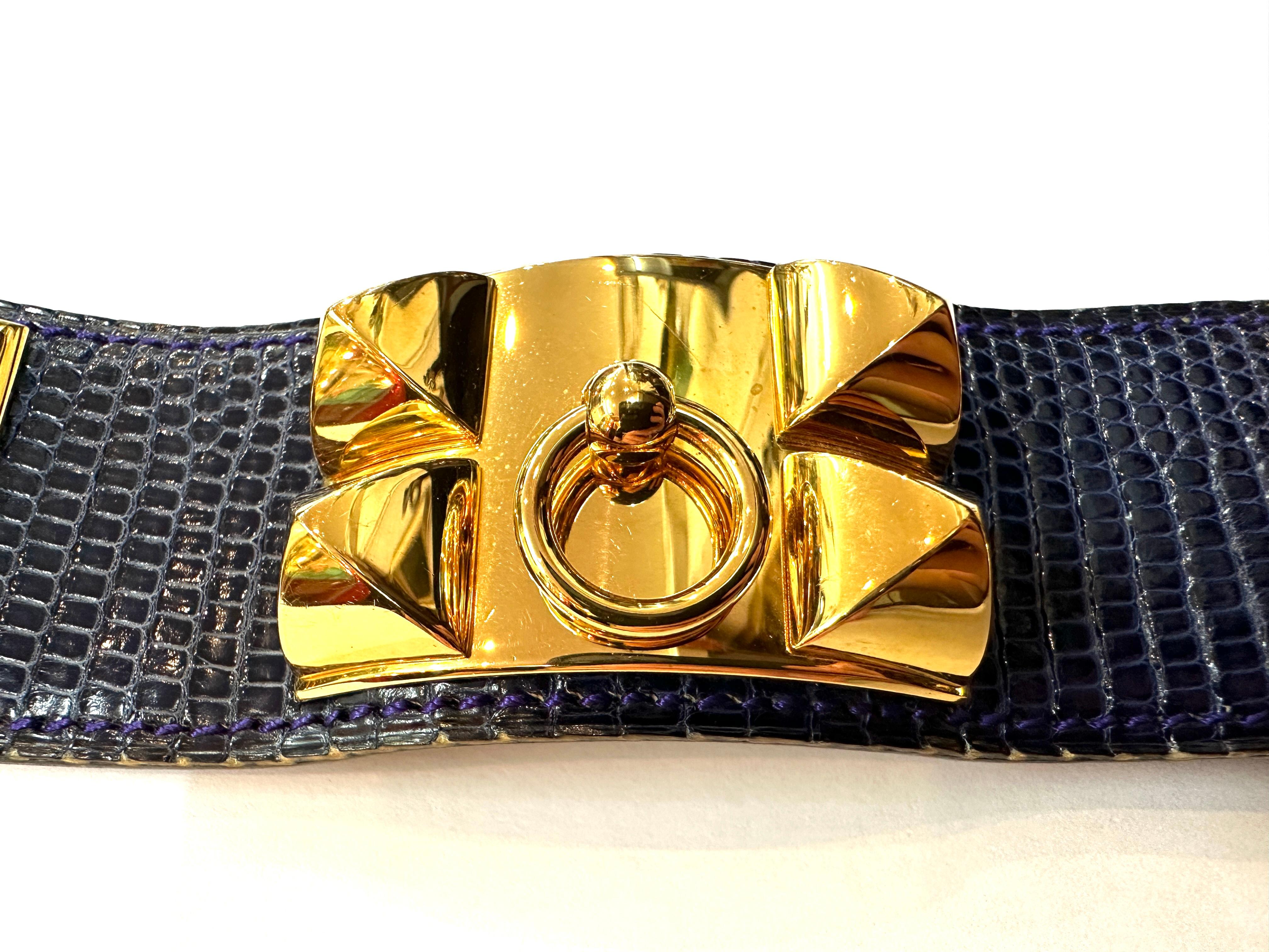 Hermes Paris Collier de Chien CDC Bracciale in pelle esotica di lucertola blu e oro in vendita 2