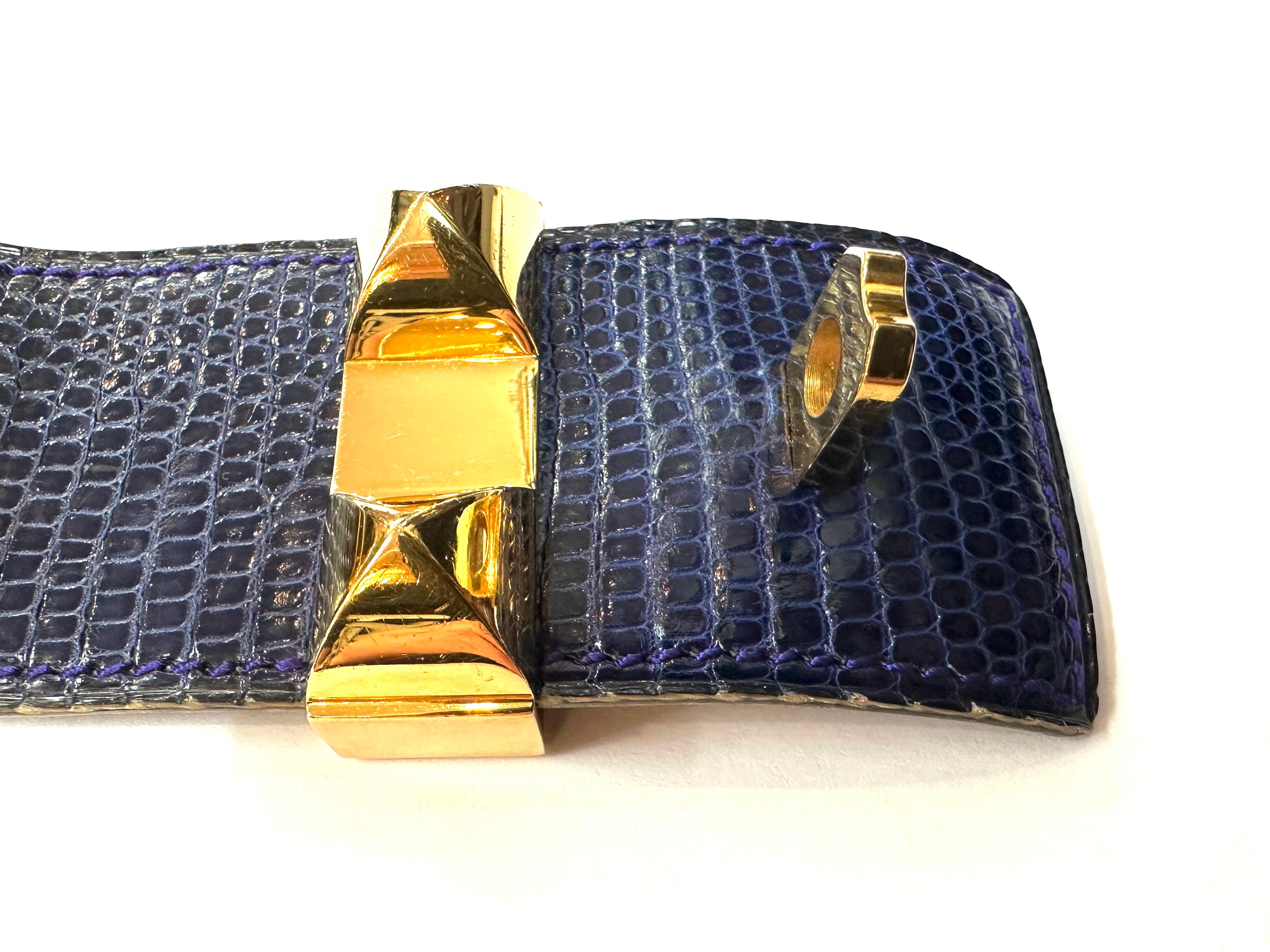 Hermes Paris Collier de Chien CDC Bracciale in pelle esotica di lucertola blu e oro in vendita 3