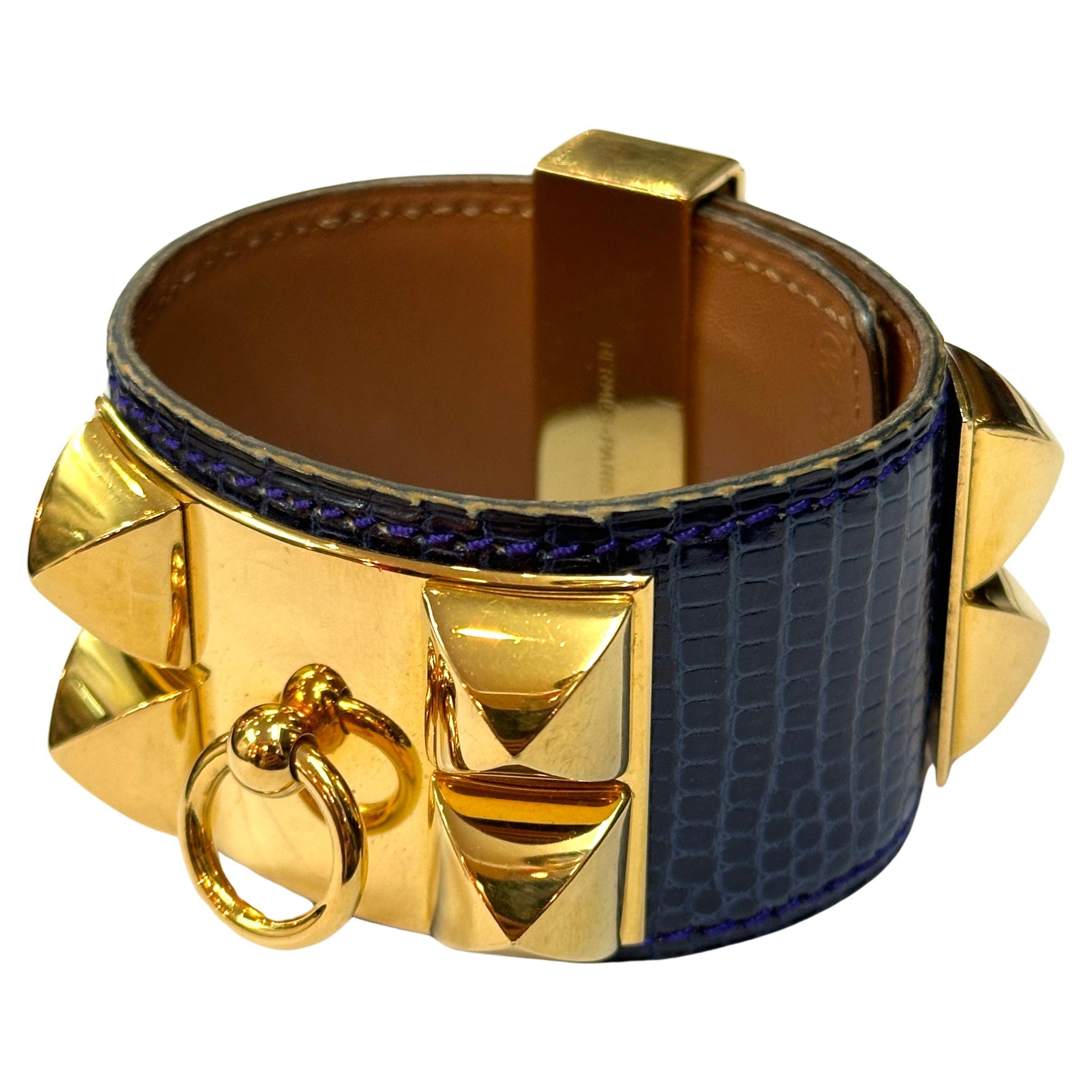 Hermes Paris Collier de Chien CDC Bracelet Blue Lizard Exotic Leather and Gold For Sale at 1stDibs