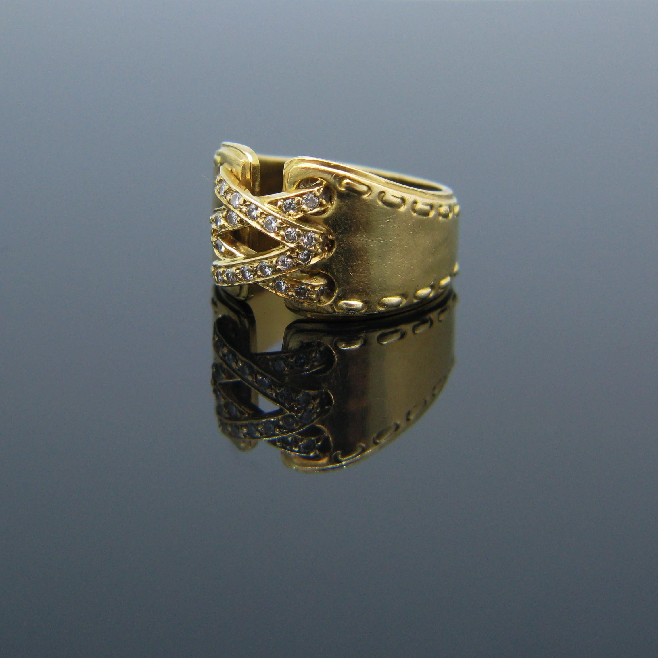 Modern Hermes Paris Corset Stitch Diamonds Yellow Gold Ring For Sale