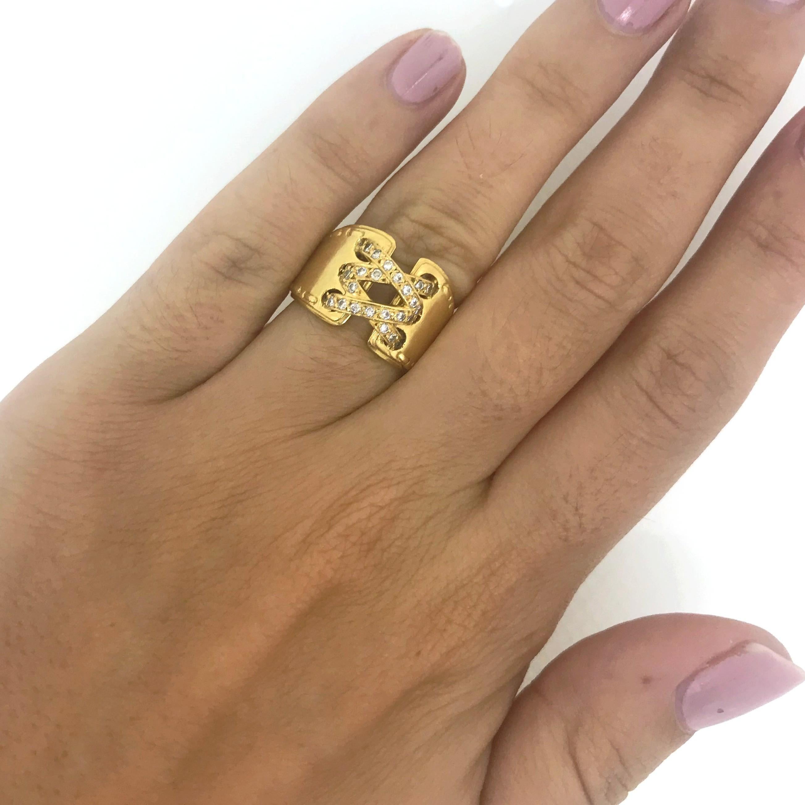 Round Cut Hermes Paris Corset Stitch Diamonds Yellow Gold Ring
