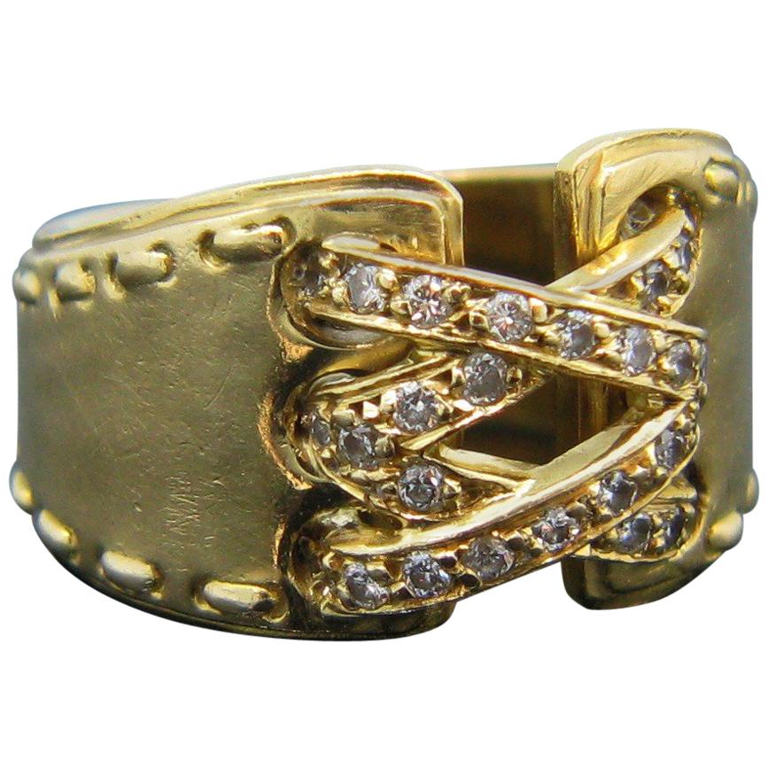 Hermes Paris Corset Stitch Diamonds Yellow Gold Ring For Sale