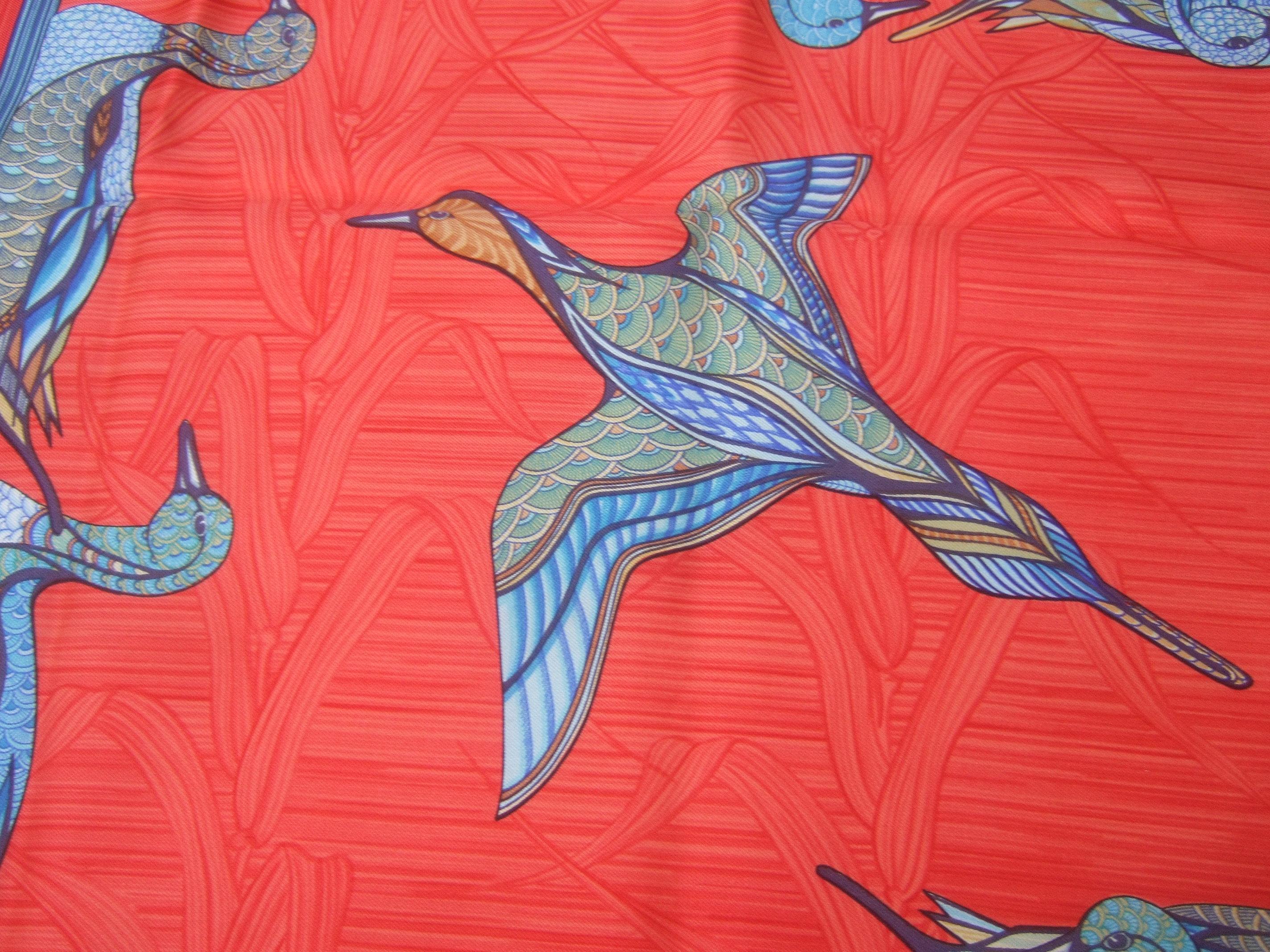 Hermes Paris Crimson Red Silk Hand Rolled Bird Themed Scarf c 1990s  34.5 x 35 5