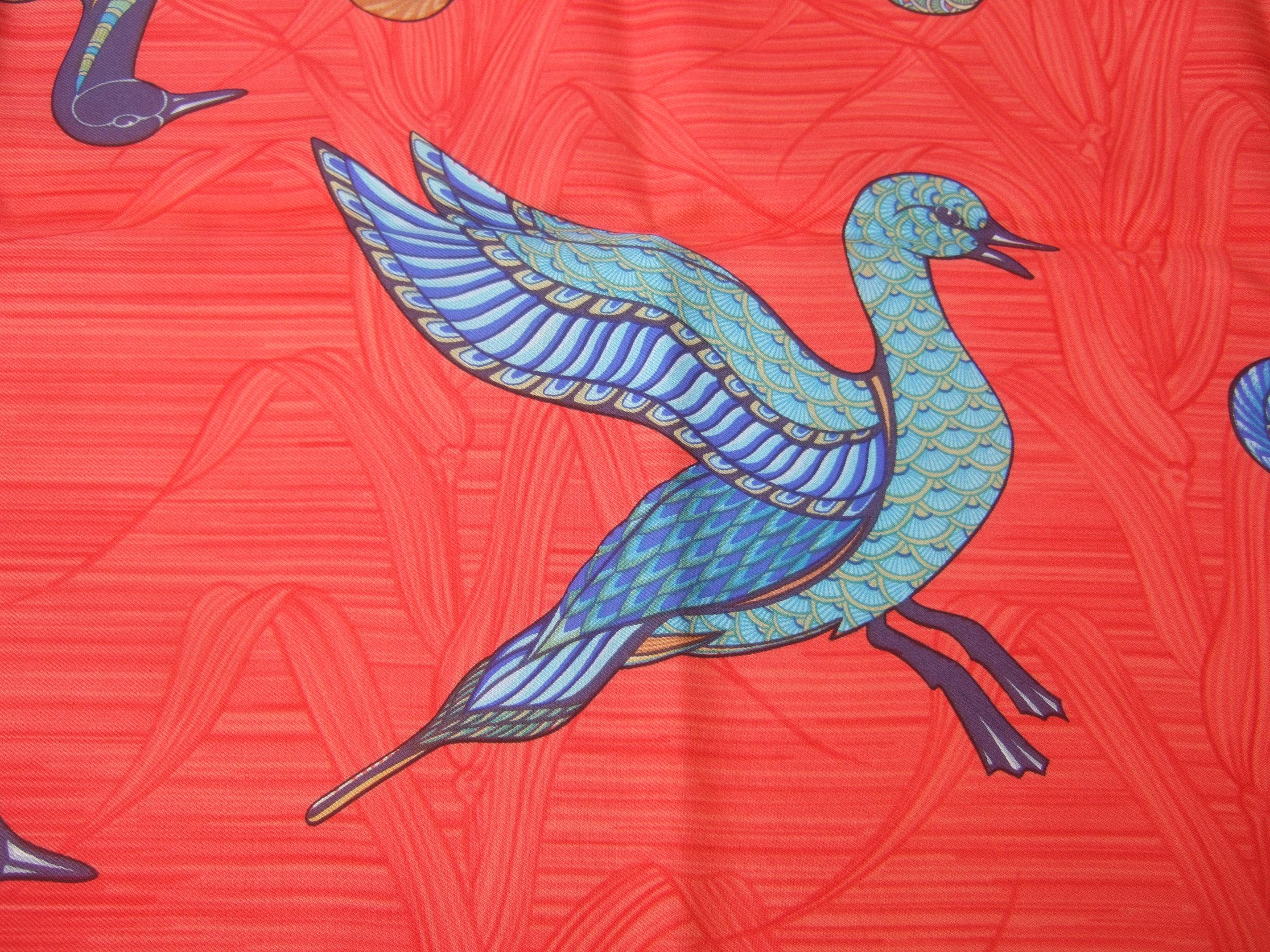 Hermes Paris Crimson Red Silk Hand Rolled Bird Themed Scarf c 1990s  34.5 x 35 6