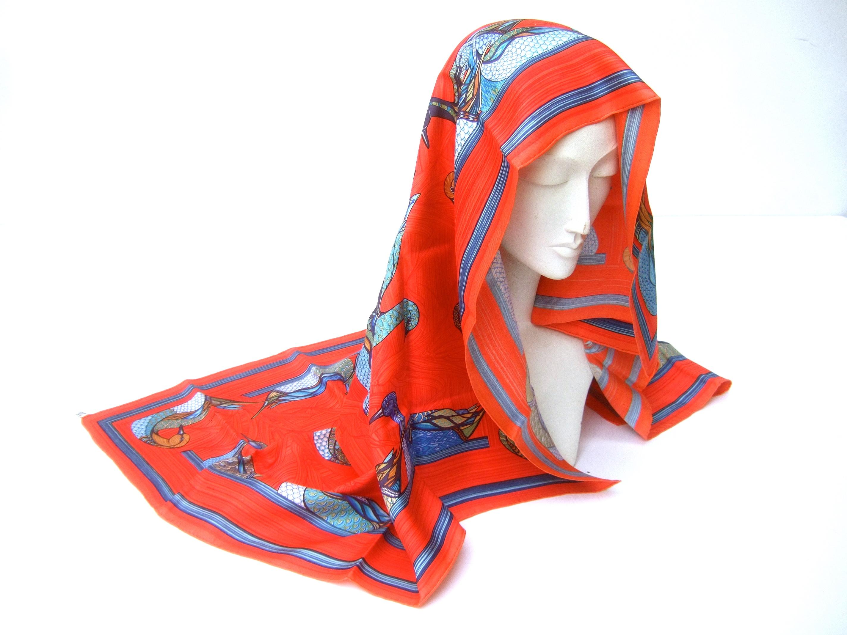 Hermes Paris Crimson Red Silk Hand Rolled Bird Themed Scarf c 1990s  34.5 x 35 7