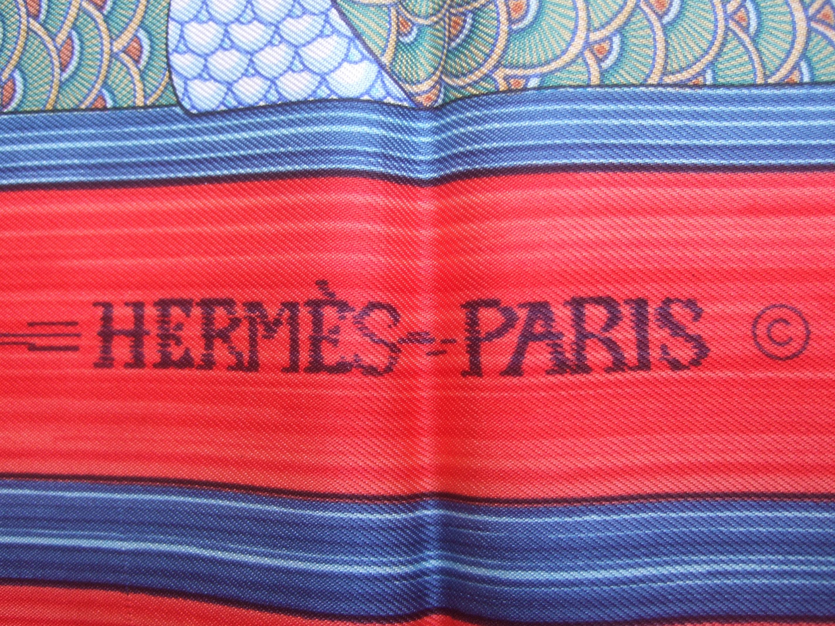 Hermes Paris Crimson Red Silk Hand Rolled Bird Themed Scarf c 1990s  34.5 x 35 8