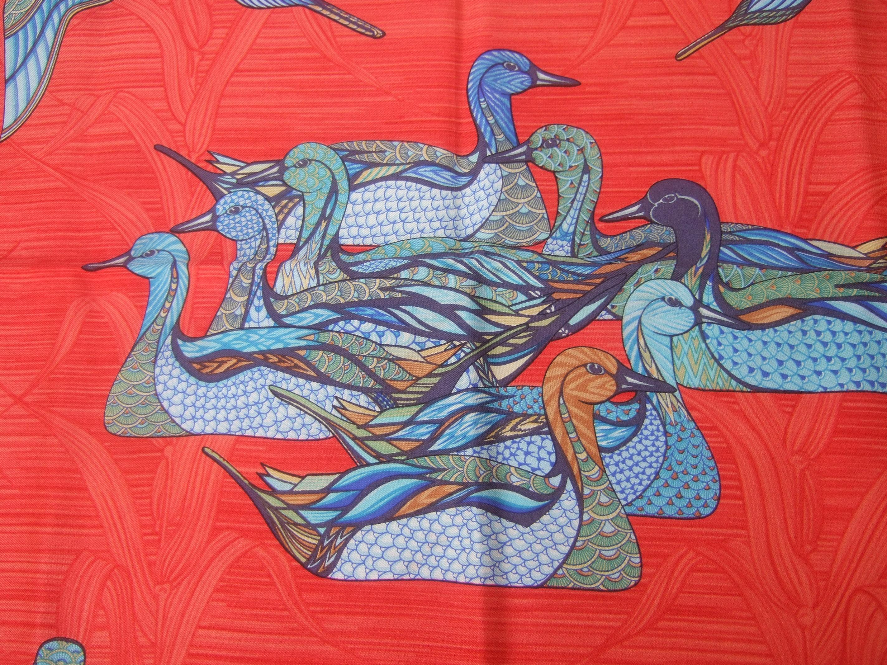 Hermes Paris Crimson Red Silk Hand Rolled Bird Themed Scarf c 1990s  34.5 x 35 In Good Condition In University City, MO
