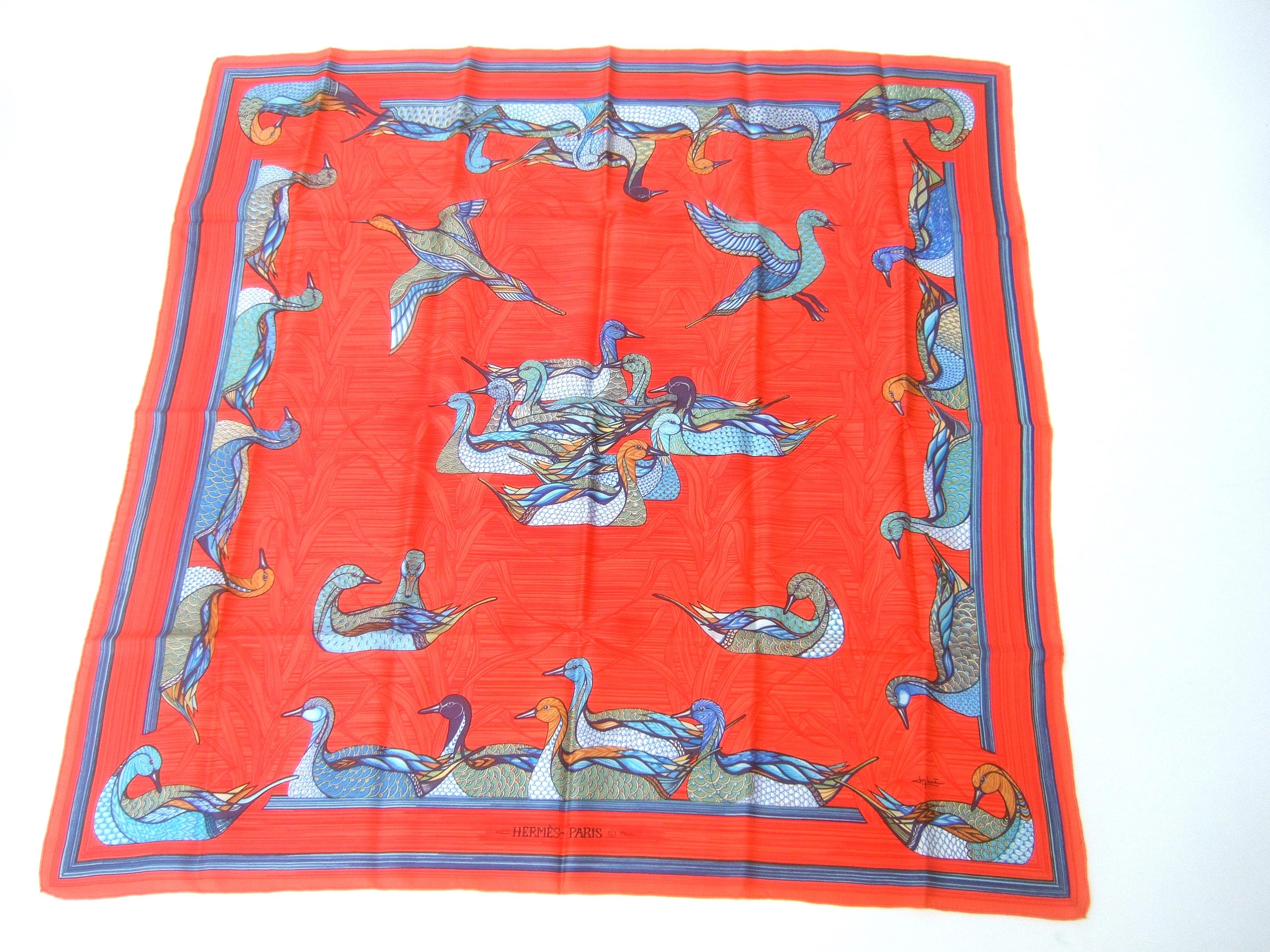 Women's Hermes Paris Crimson Red Silk Hand Rolled Bird Themed Scarf c 1990s  34.5 x 35