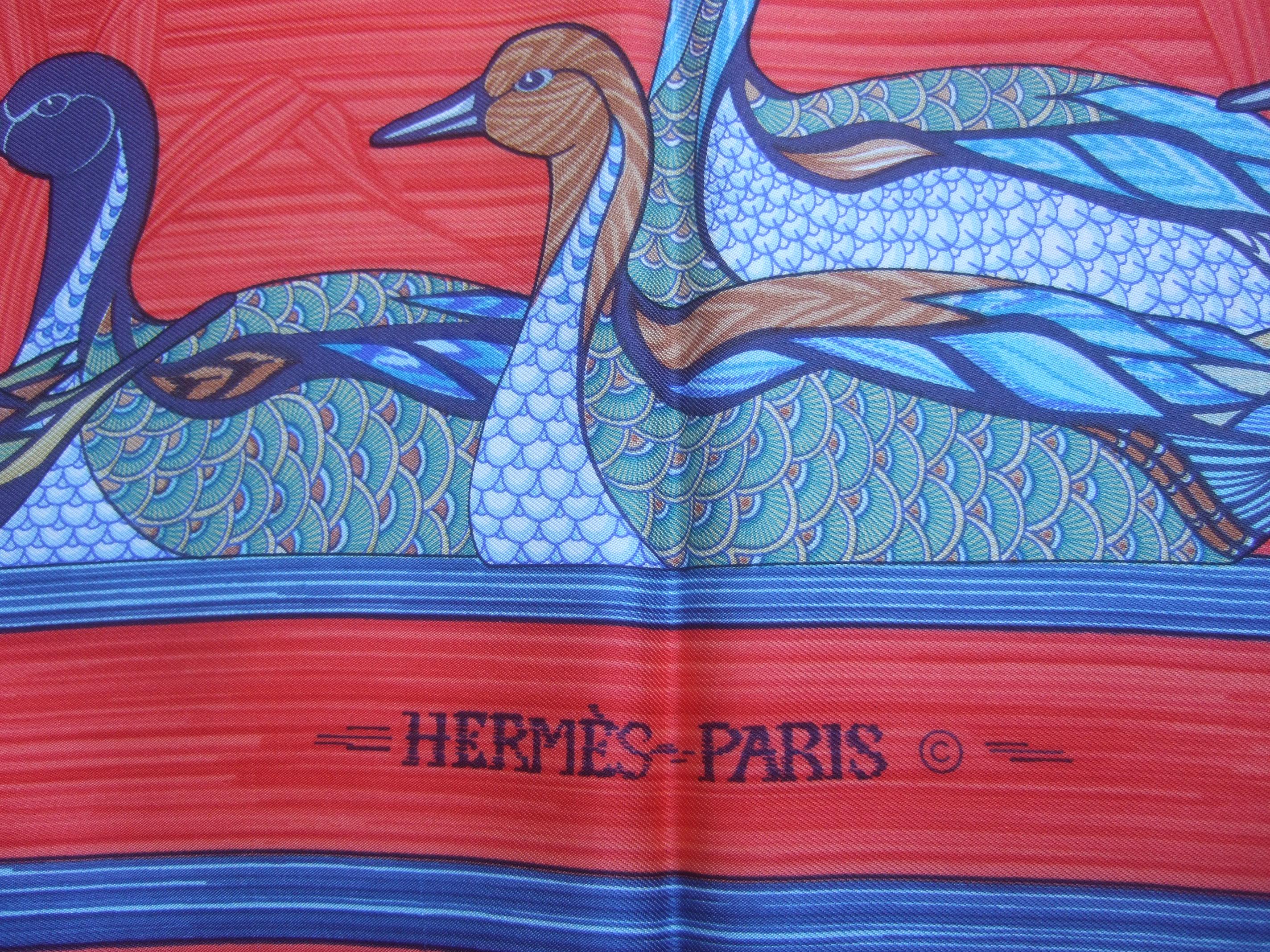 Hermes Paris Crimson Red Silk Hand Rolled Bird Themed Scarf c 1990s  34.5 x 35 1