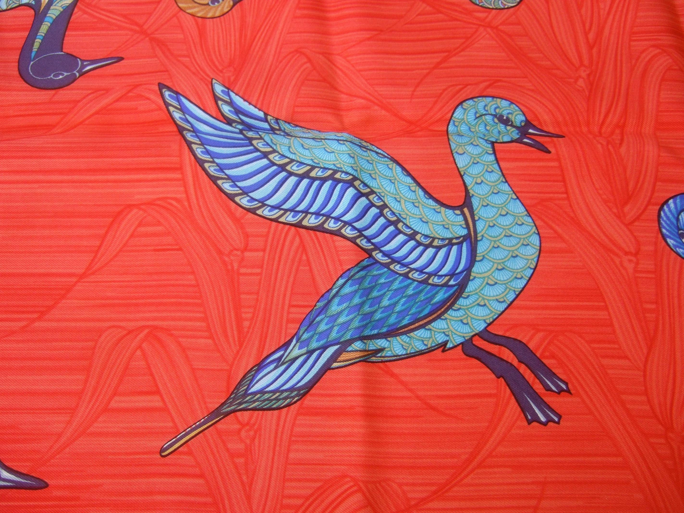 Hermes Paris Crimson Red Silk Hand Rolled Bird Themed Scarf c 1990s  34.5 x 35 2