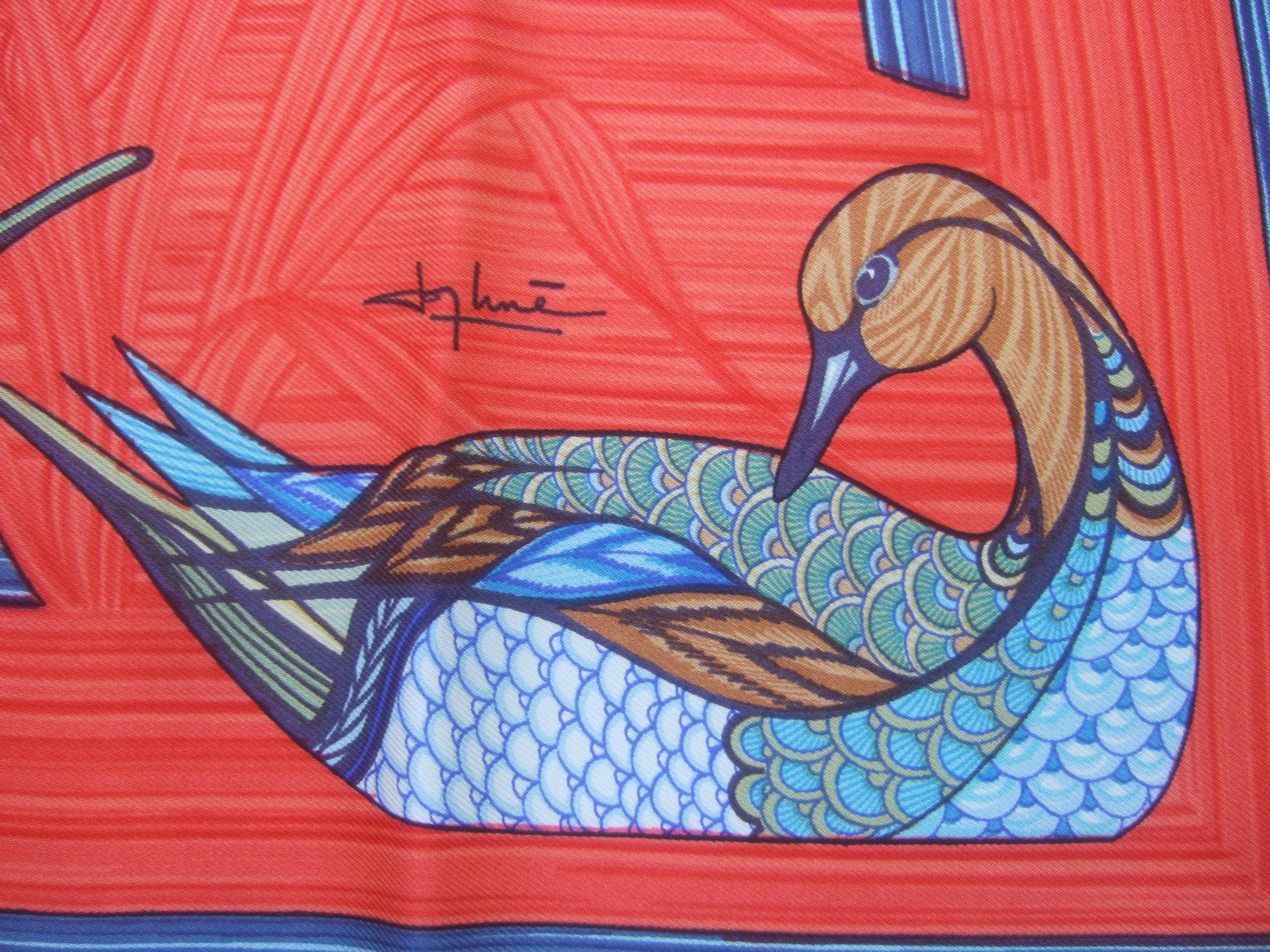 Hermes Paris Crimson Red Silk Hand Rolled Bird Themed Scarf c 1990s  34.5 x 35 4