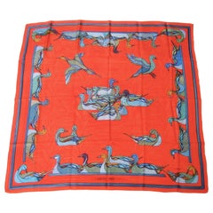 Hermes Paris Crimson Red Silk Hand Rolled Bird Themed Scarf c 1990s  34.5 x 35 