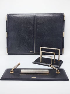 Hermes Paris desk set in black leather and silver metal