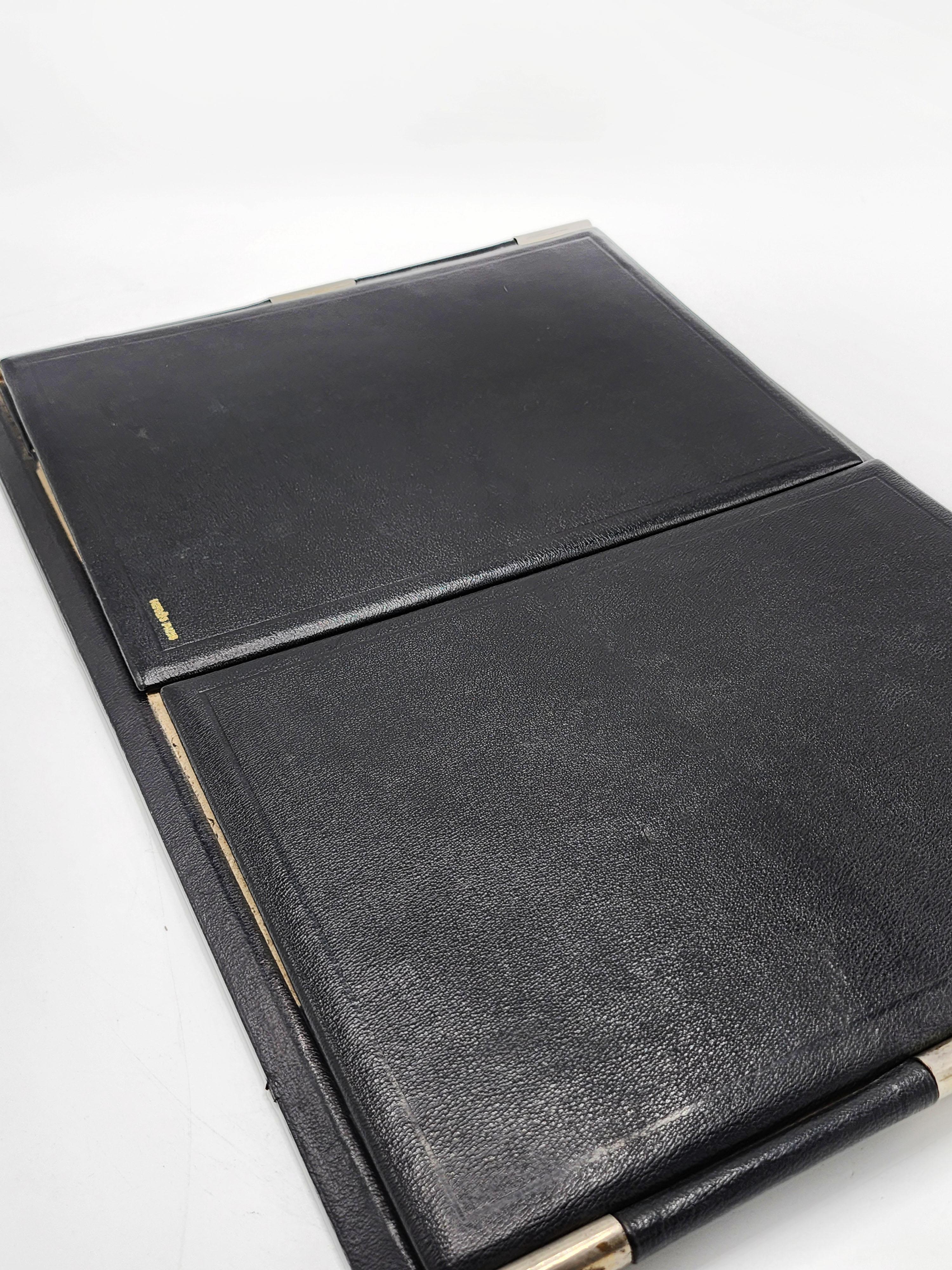 Schreibtischset von Hermes Paris aus schwarzem Leder und silbernem Metall (20. Jahrhundert) im Angebot