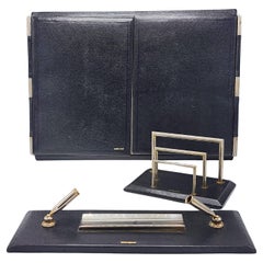 Vintage Hermes Paris desk set in black leather and silver metal