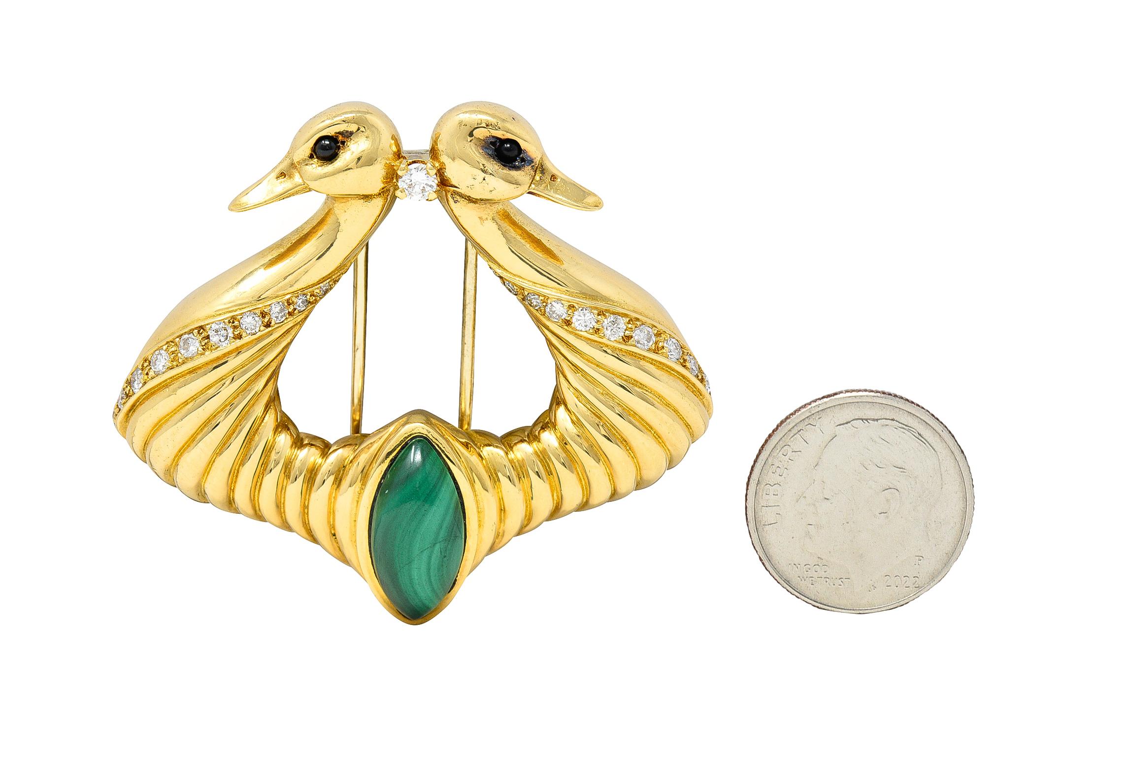 Hermés Paris Diamond Malachite 18 Karat Gold Double Swan Bird Vintage Brooch 5