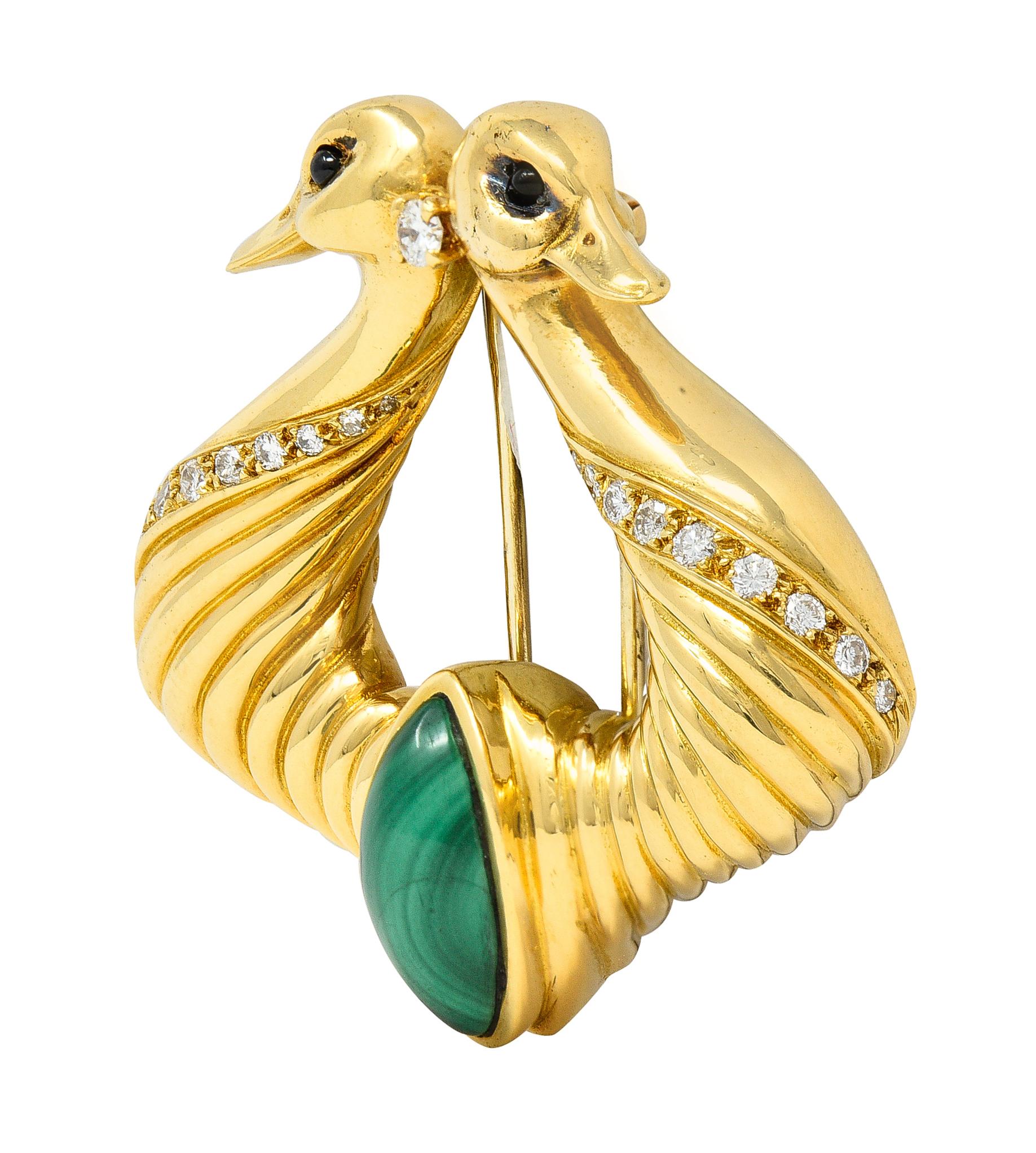 Hermés Paris Diamond Malachite 18 Karat Gold Double Swan Bird Vintage Brooch In Excellent Condition In Philadelphia, PA